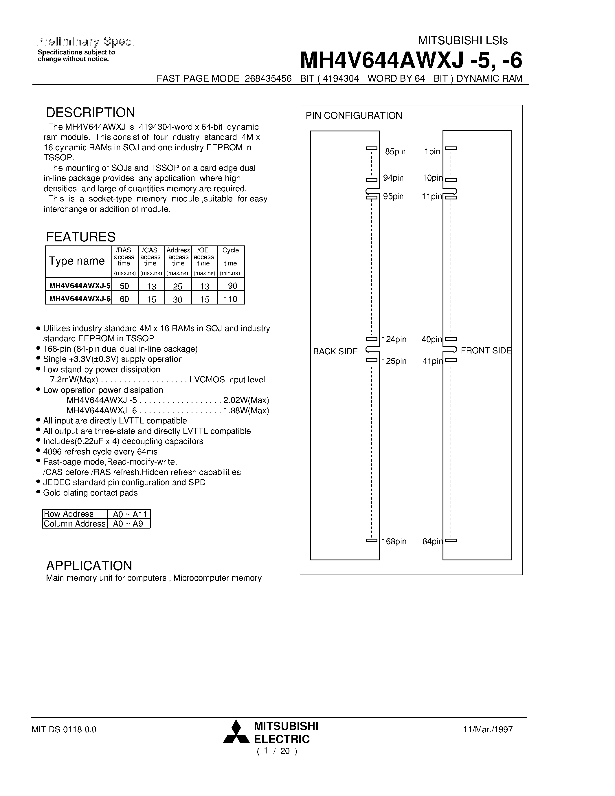 Даташит MH4V644AWXJ-6 - FAST PAGE MODE 268435456 - BIT ( 4194304 - WORD BY 64 - BIT ) DYNAMIC RAM страница 1