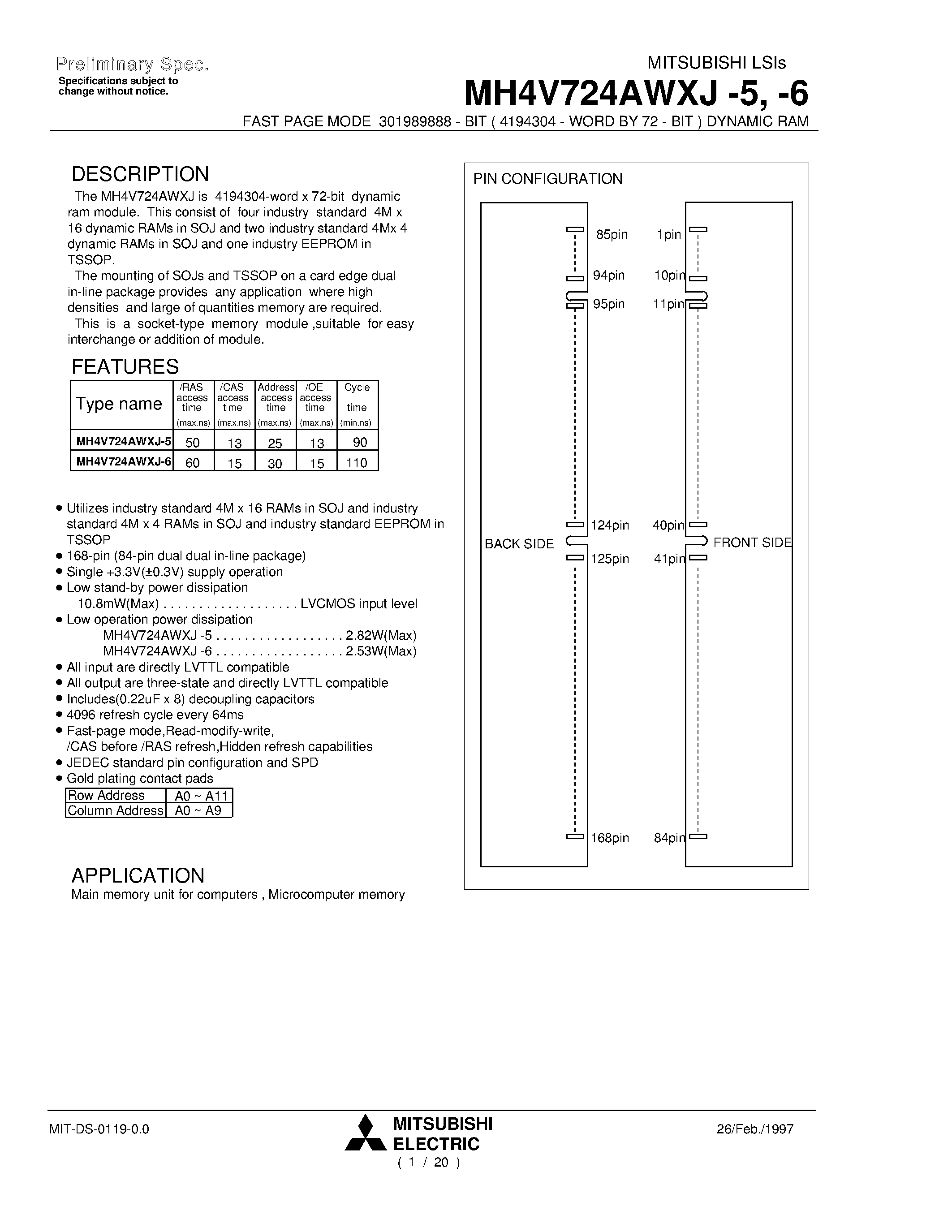 Даташит MH4V724AWXJ-6 - FAST PAGE MODE 301989888 - BIT ( 4194304 - WORD BY 72 - BIT ) DYNAMIC RAM страница 1