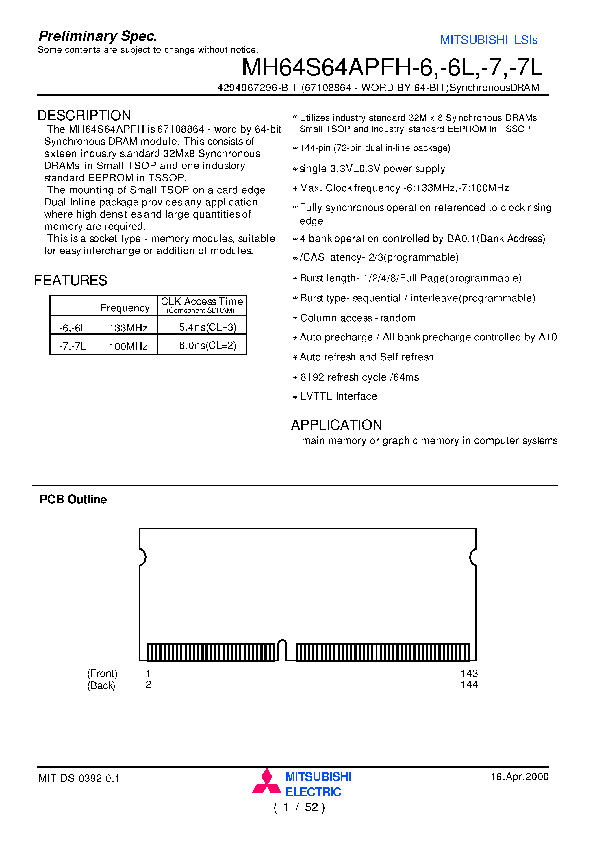 Datasheet MH64S64APFH-6 - 4294967296-BIT (67108864 - WORD BY 64-BIT)SynchronousDRAM page 1