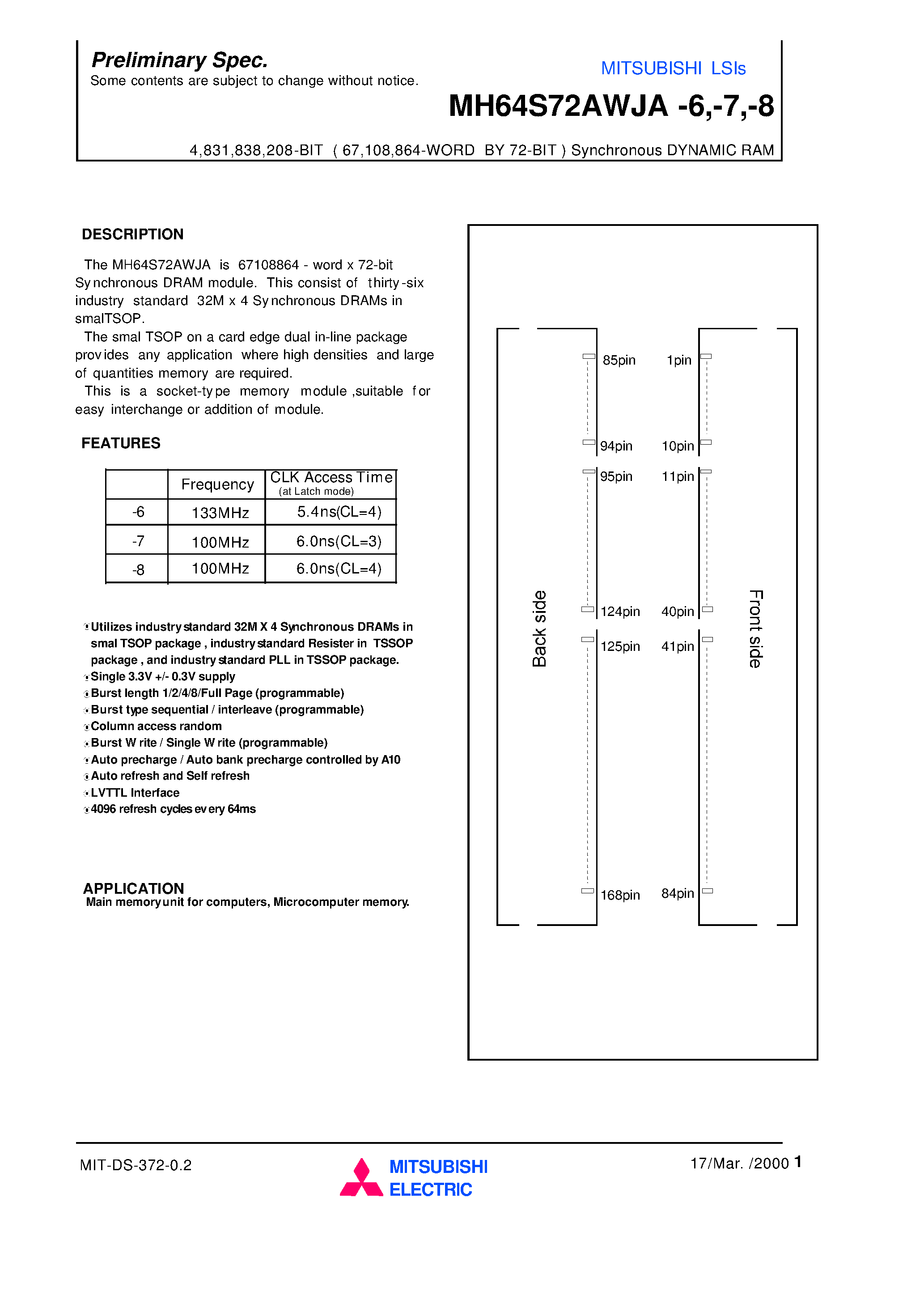 Datasheet MH64S72AWJA-6 - 4 /831 /838 /208-BIT ( 67 /108 /864-WORD BY 72-BIT ) Synchronous DYNAMIC RAM page 1