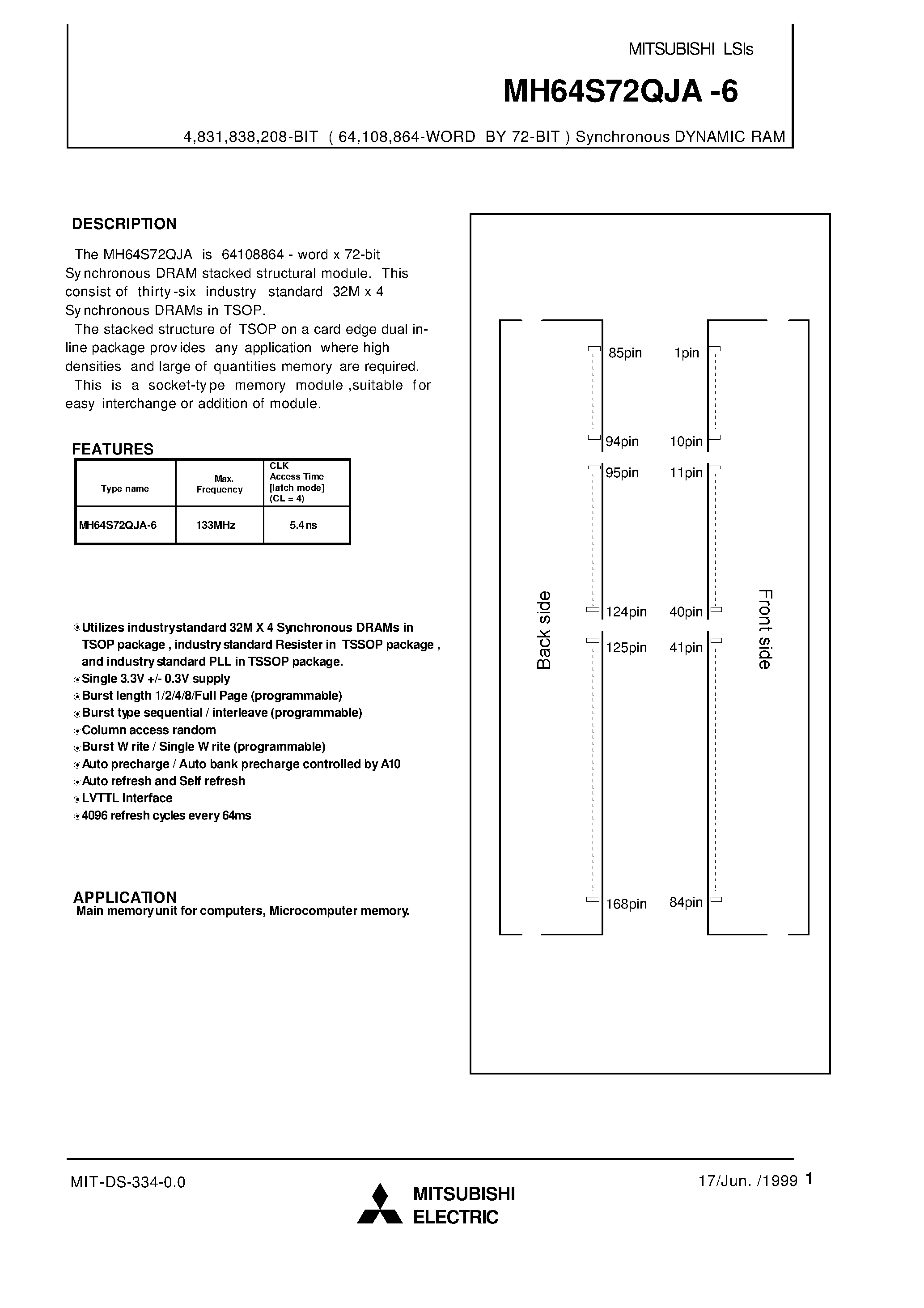 Datasheet MH64S72QJA-6 - 4 /831 /838 /208-BIT ( 64 /108 /864-WORD BY 72-BIT ) Synchronous DYNAMIC RAM page 1