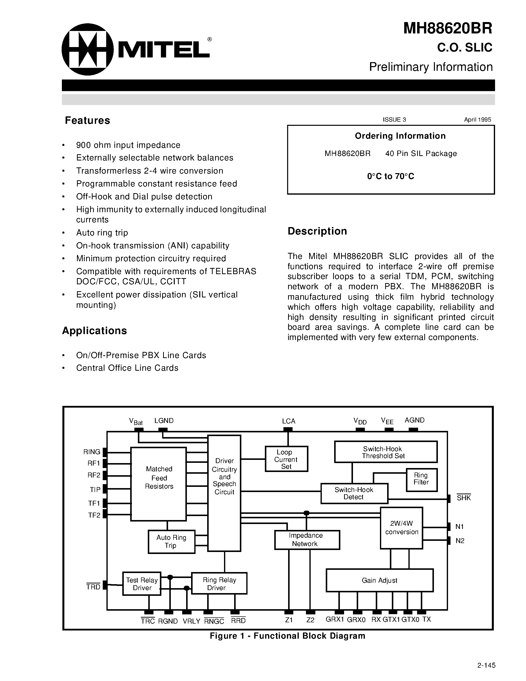 Даташит MH88620BR - C.O. SLIC Preliminary Information страница 1