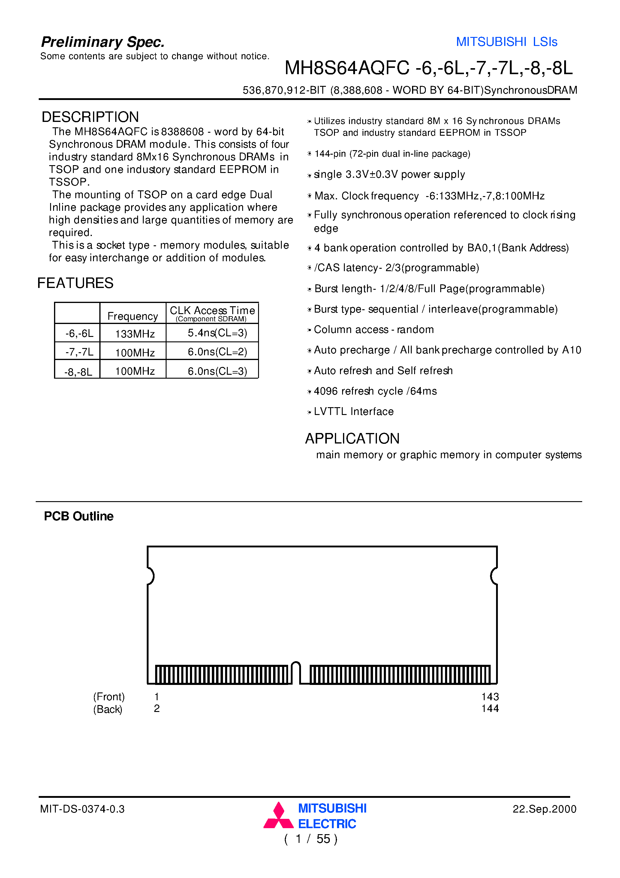 Даташит MH8S64AQFC-6 - 536 /870 /912-BIT (8 /388 /608 - WORD BY 64-BIT)SynchronousDRAM страница 1