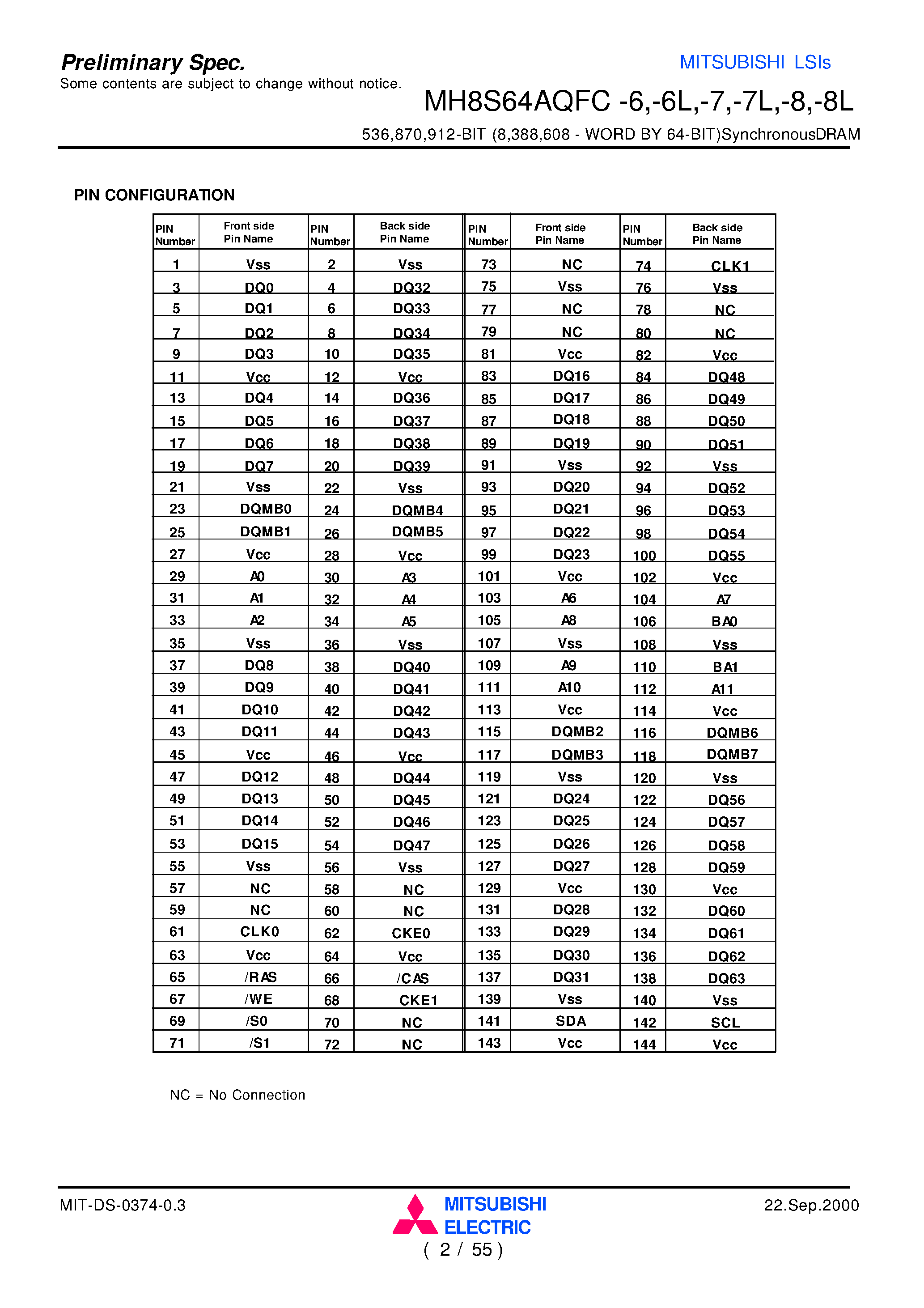 Даташит MH8S64AQFC-6 - 536 /870 /912-BIT (8 /388 /608 - WORD BY 64-BIT)SynchronousDRAM страница 2