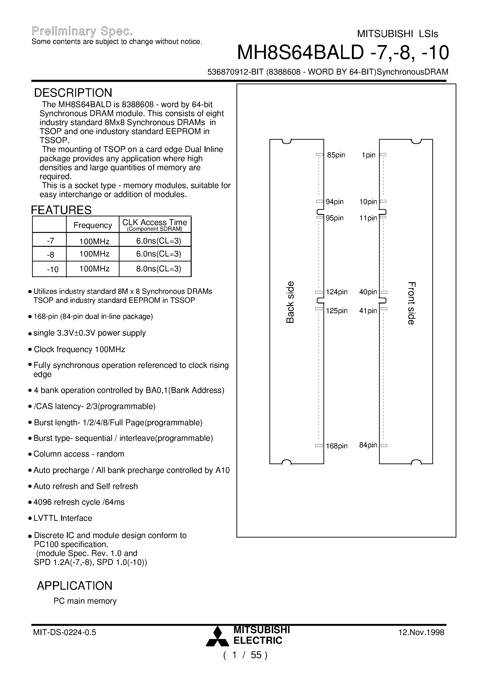 Datasheet MH8S64BALD-8 - 536870912-BIT (8388608 - WORD BY 64-BIT)SynchronousDRAM page 1