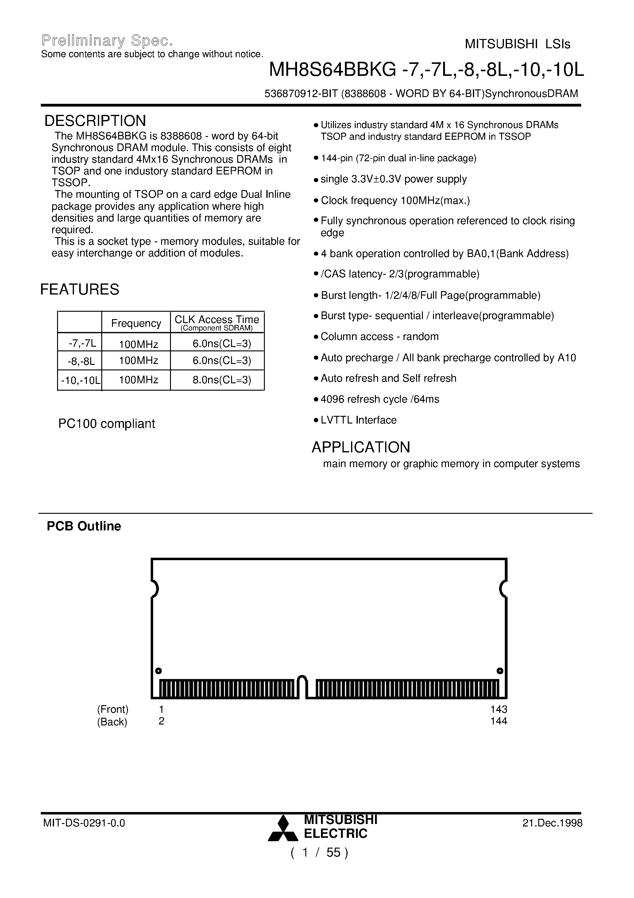 Datasheet MH8S64BBKG-8 - 536870912-BIT (8388608 - WORD BY 64-BIT)SynchronousDRAM page 1