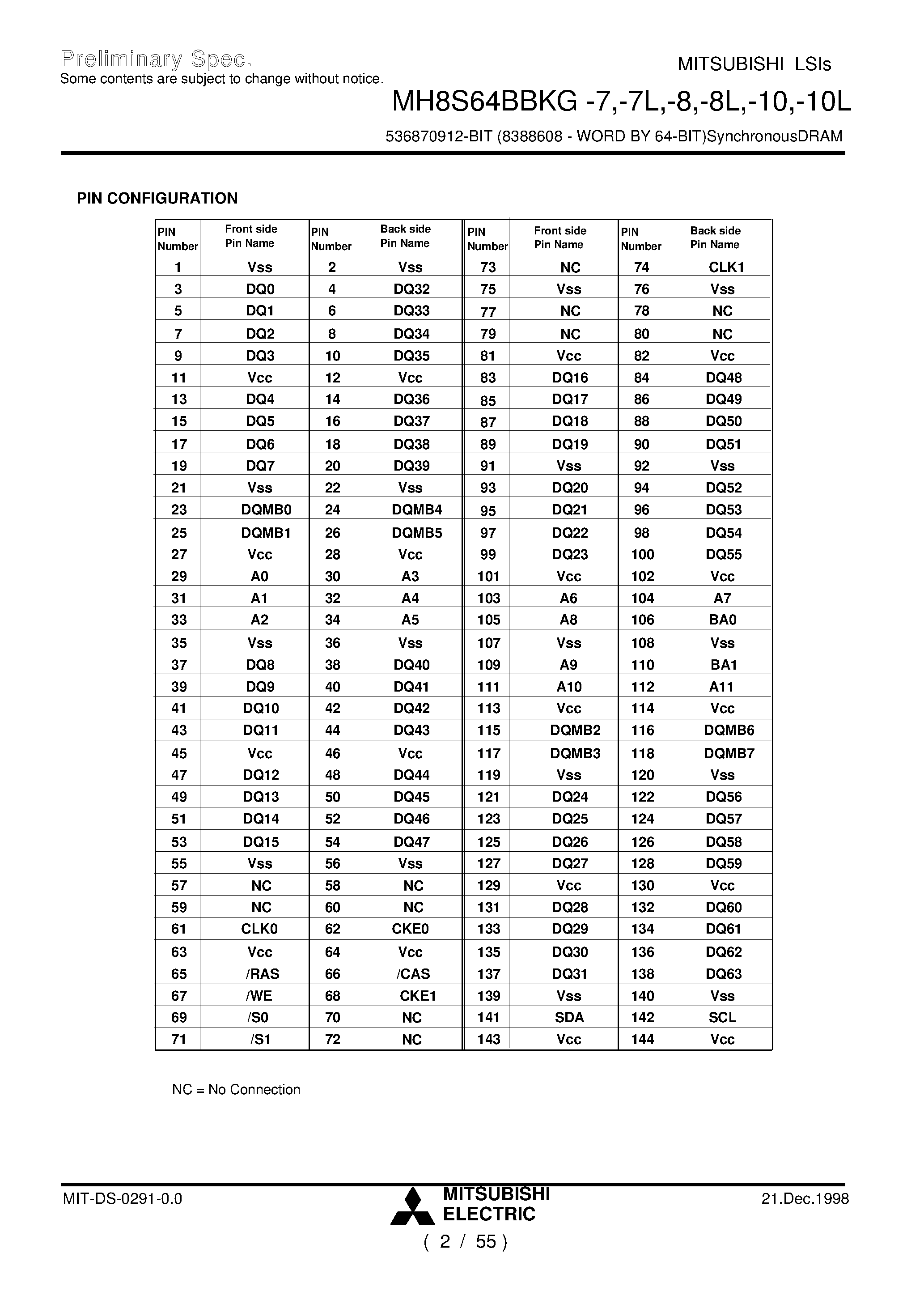 Datasheet MH8S64BBKG-8 - 536870912-BIT (8388608 - WORD BY 64-BIT)SynchronousDRAM page 2