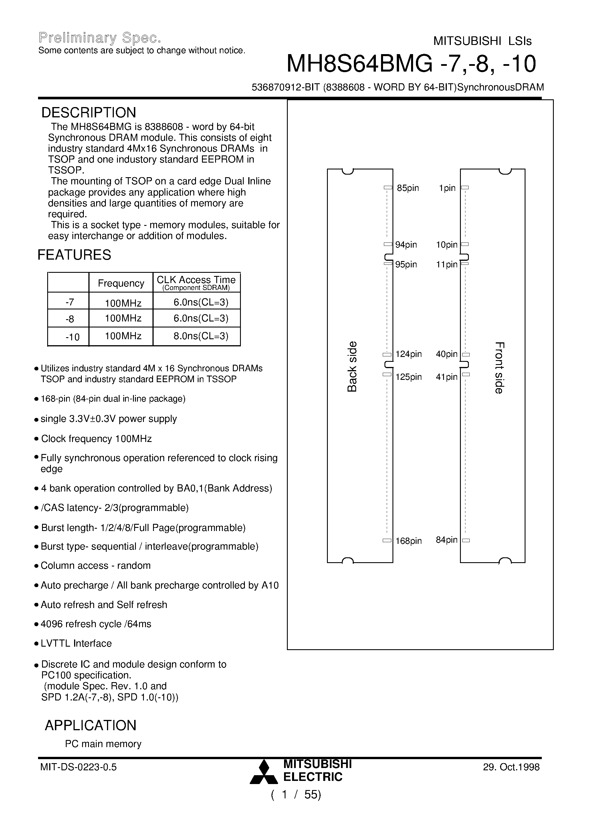 Datasheet MH8S64BMG-8 - 536870912-BIT (8388608 - WORD BY 64-BIT)SynchronousDRAM page 1