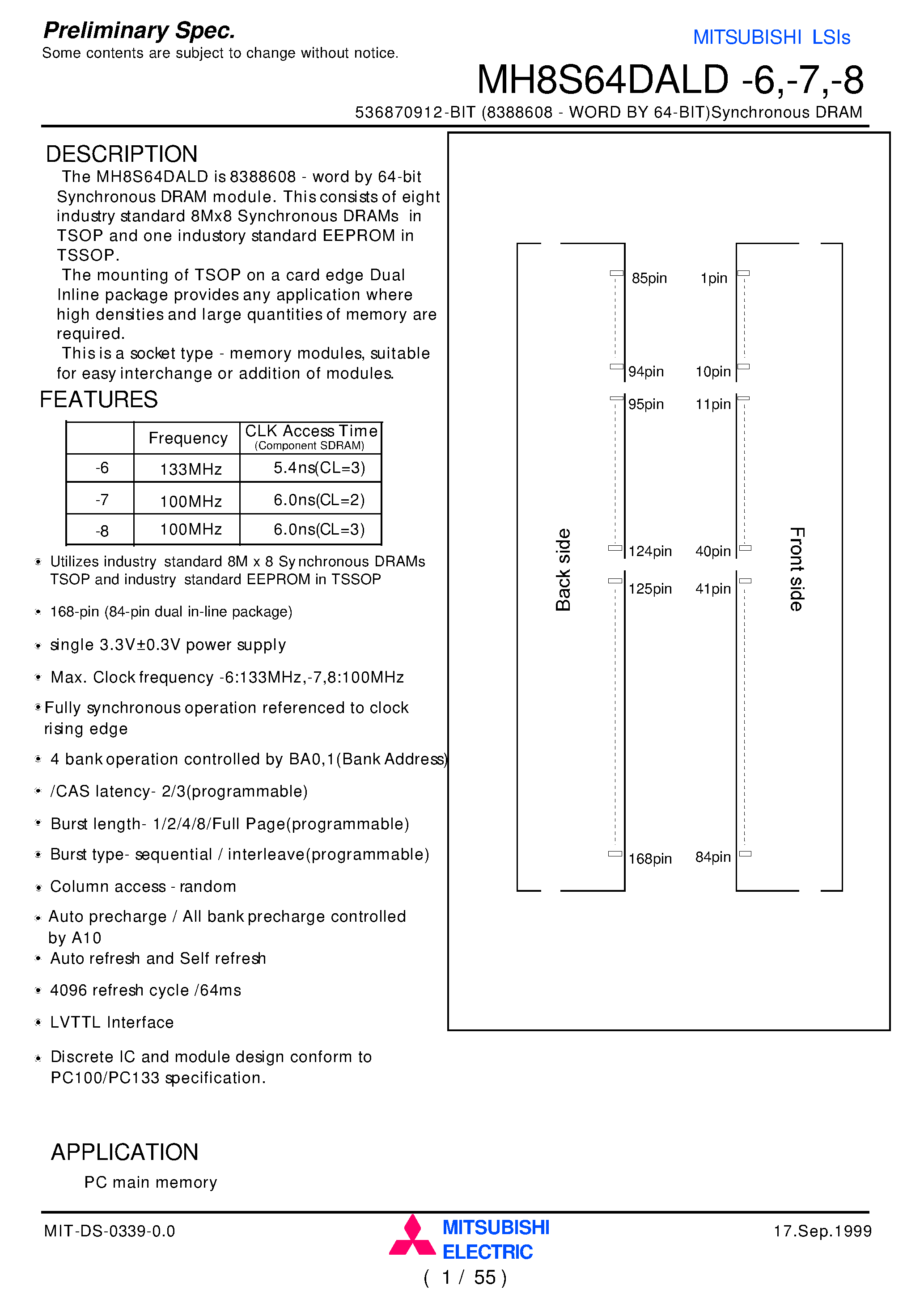 Даташит MH8S64DALD-6 - 536870912-BIT (8388608 - WORD BY 64-BIT)Synchronous DRAM страница 1