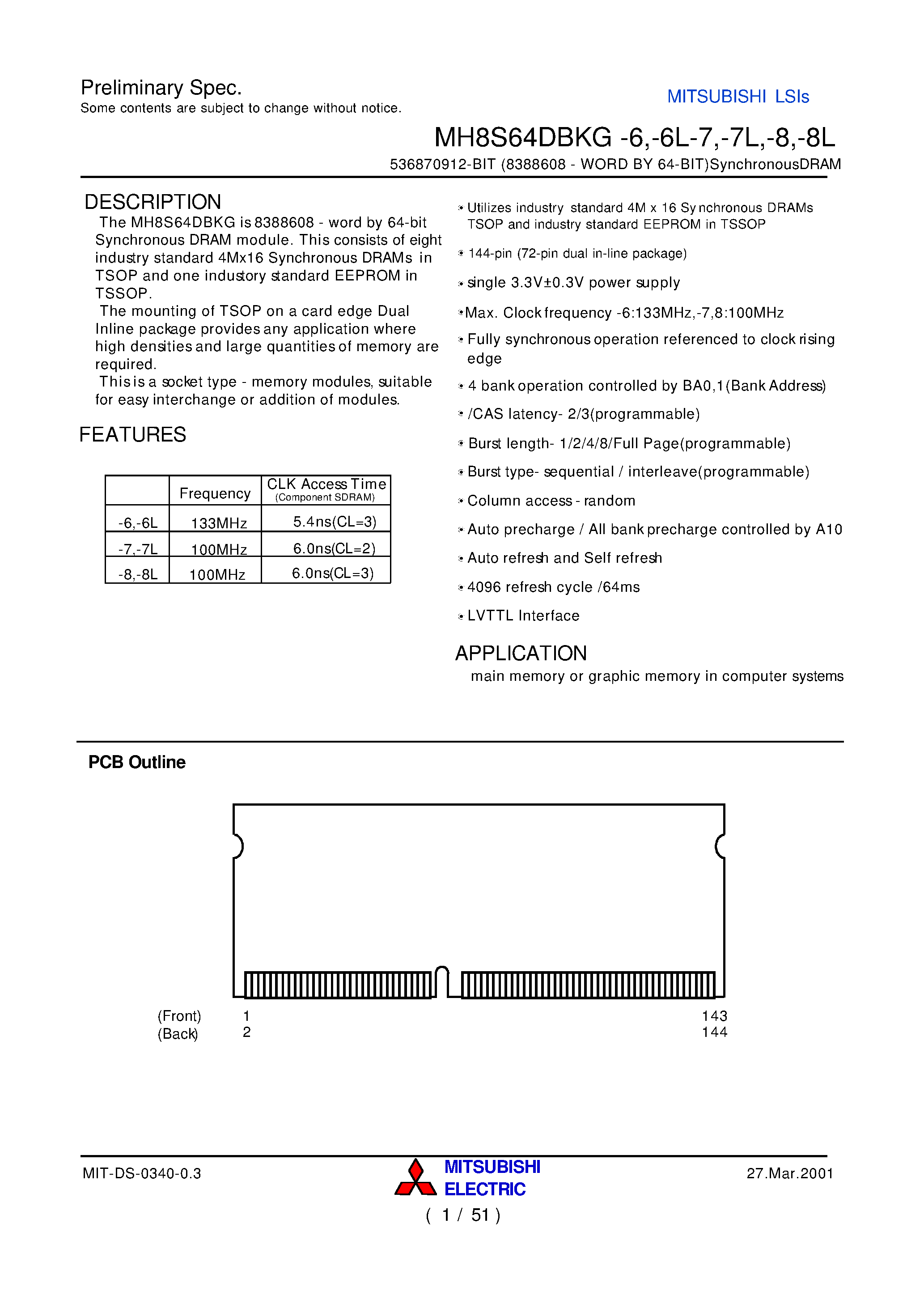 Даташит MH8S64DBKG-6 - 536870912-BIT (8388608 - WORD BY 64-BIT)SynchronousDRAM страница 1