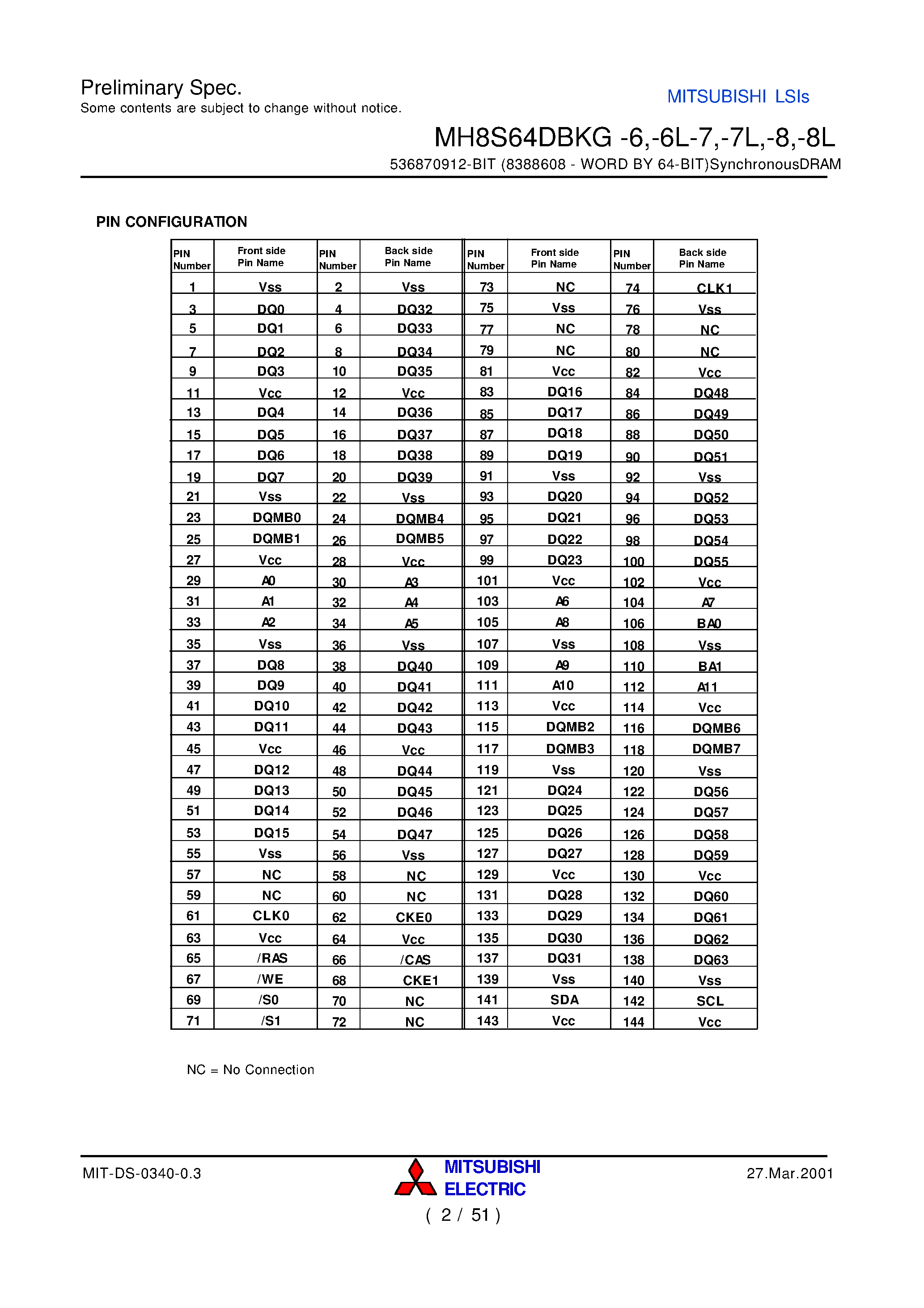 Даташит MH8S64DBKG-6 - 536870912-BIT (8388608 - WORD BY 64-BIT)SynchronousDRAM страница 2