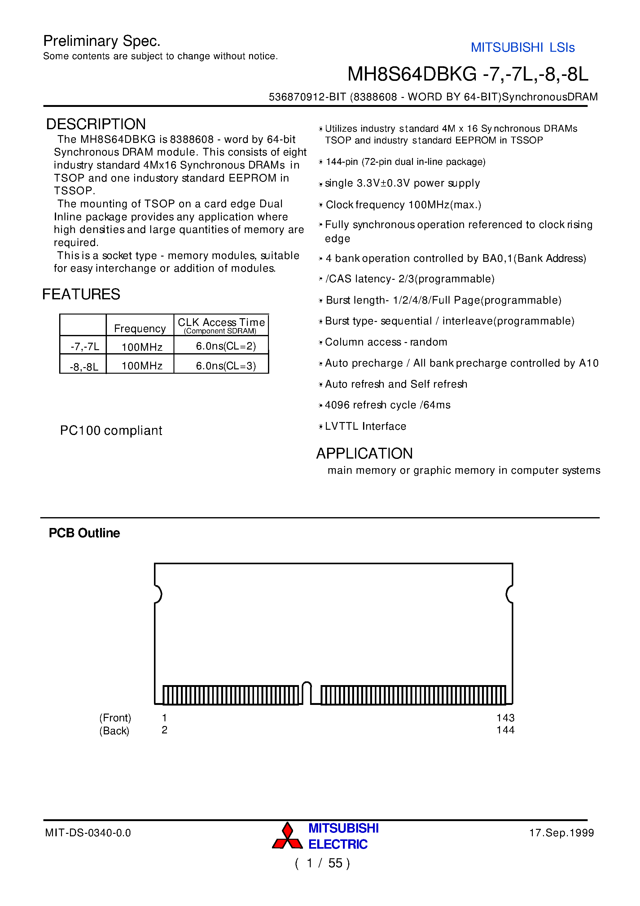 Datasheet MH8S64DBKG-8 - 536870912-BIT (8388608 - WORD BY 64-BIT)SynchronousDRAM page 1