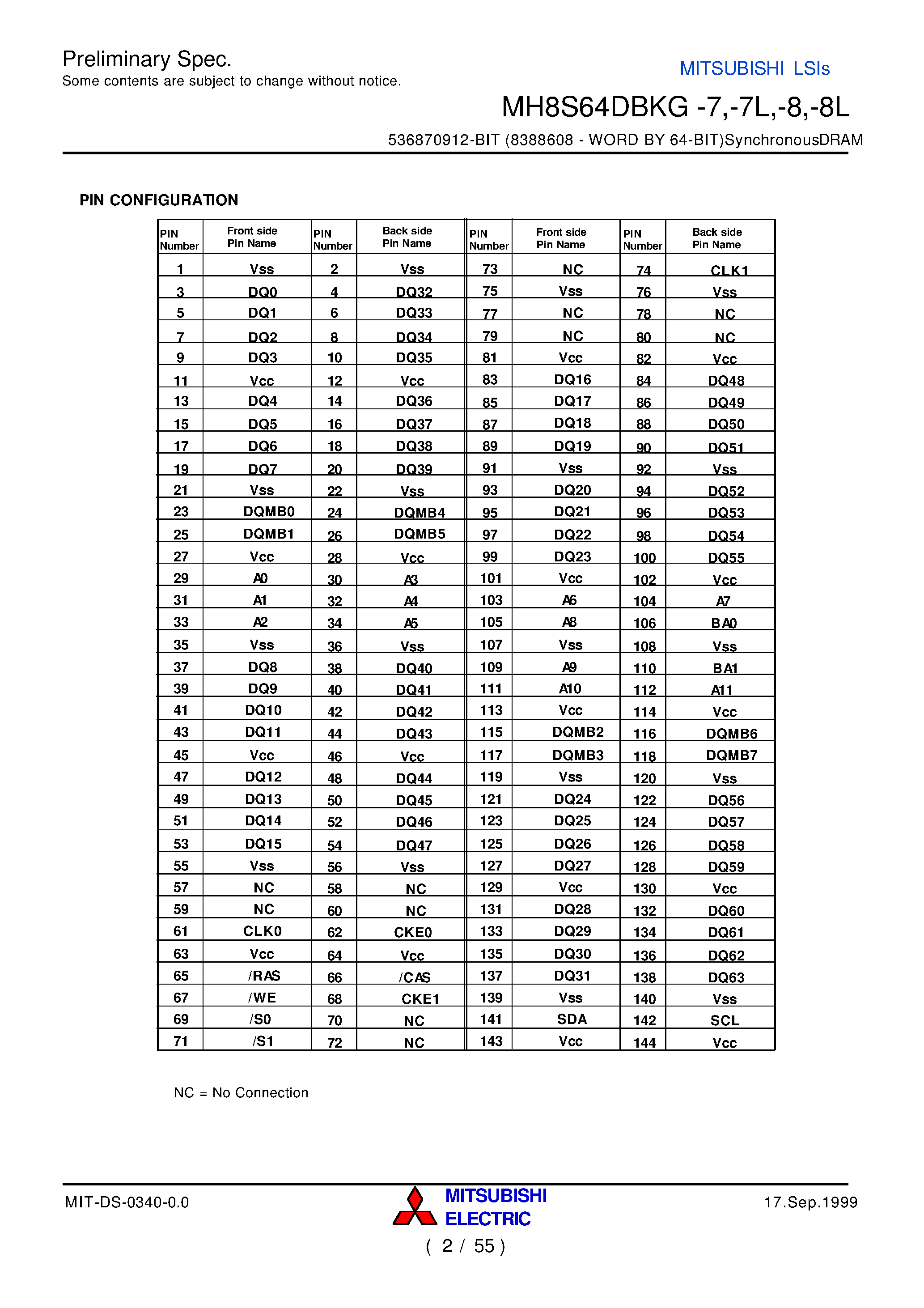 Datasheet MH8S64DBKG-8 - 536870912-BIT (8388608 - WORD BY 64-BIT)SynchronousDRAM page 2