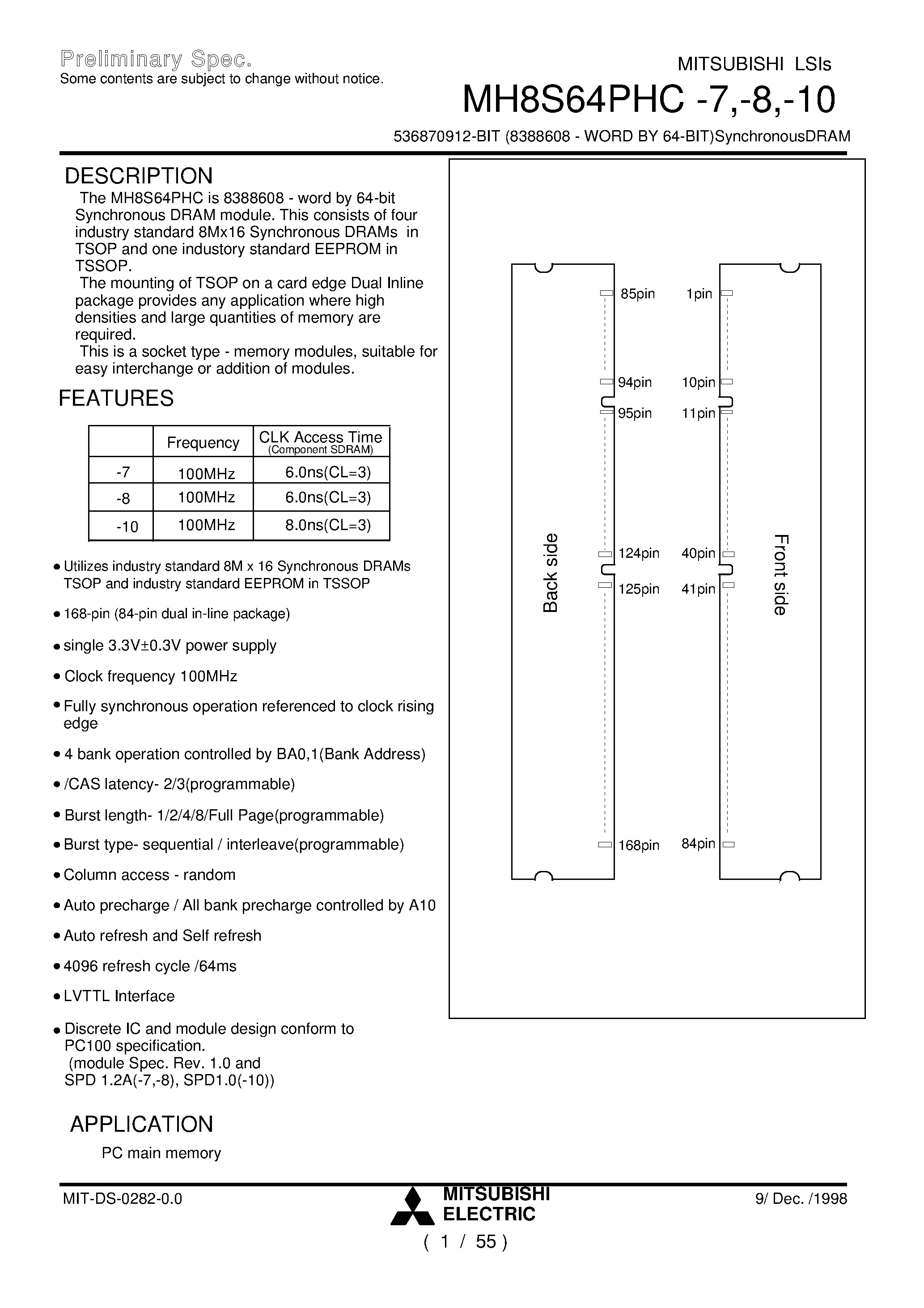 Datasheet MH8S64PHC-8 - 536870912-BIT (8388608 - WORD BY 64-BIT)SynchronousDRAM page 1