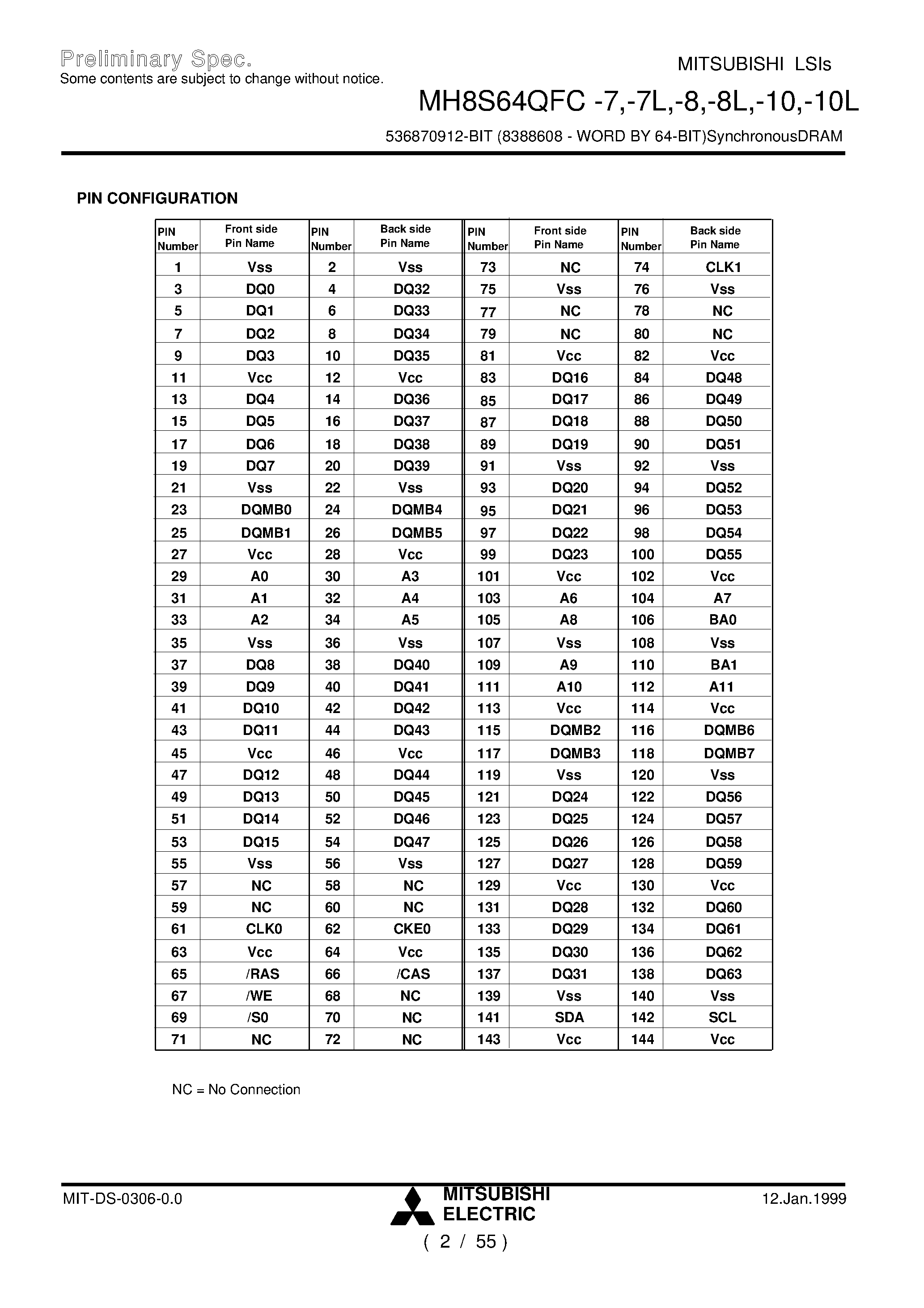 Datasheet MH8S64QFC-8 - 536870912-BIT (8388608 - WORD BY 64-BIT)SynchronousDRAM page 2