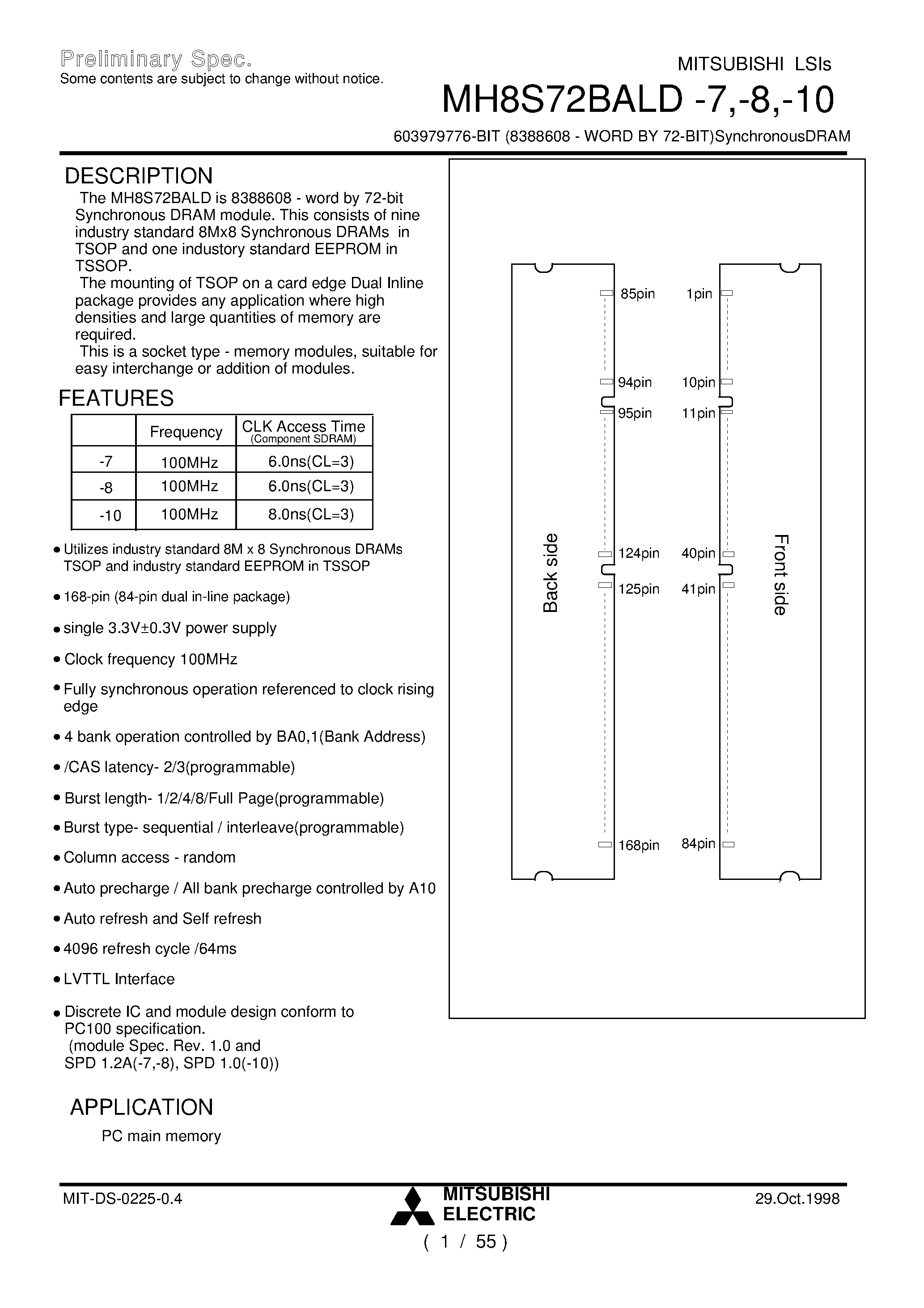 Datasheet MH8S72BALD-8 - 603979776-BIT (8388608 - WORD BY 72-BIT)SynchronousDRAM page 1