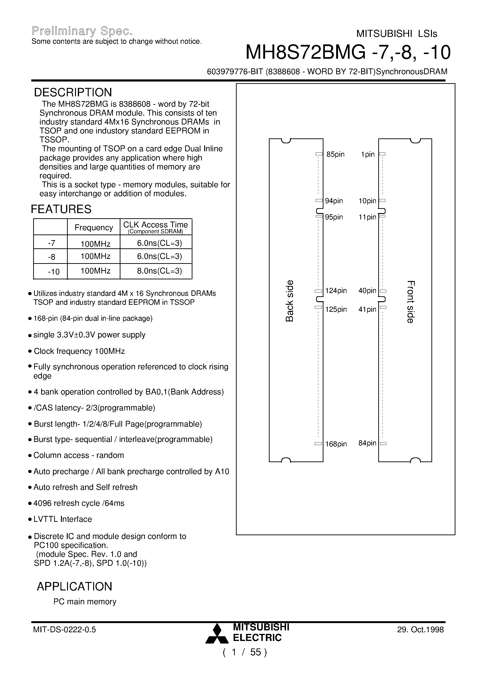 Datasheet MH8S72BMG-8 - 603979776-BIT (8388608 - WORD BY 72-BIT)SynchronousDRAM page 1