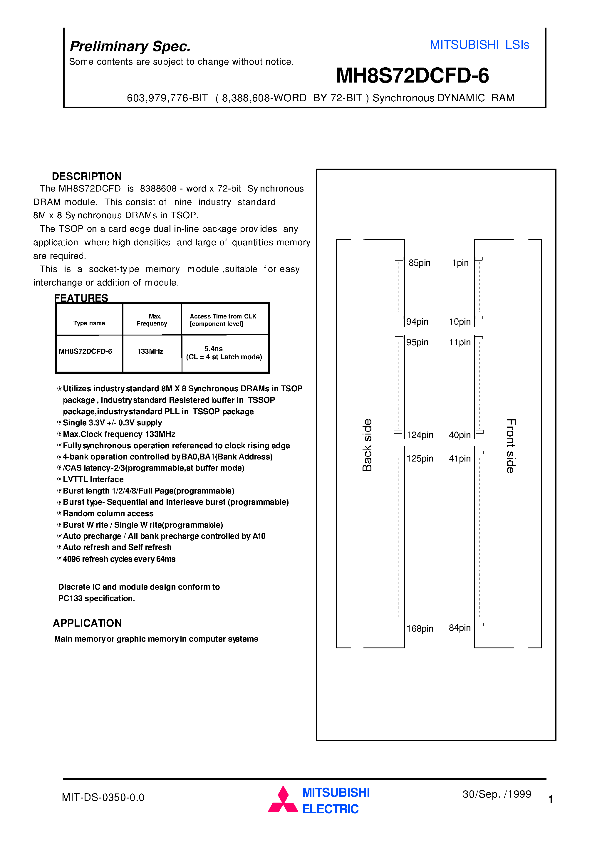 Даташит MH8S72DCFD-6 - 603 /979 /776-BIT ( 8 /388 /608-WORD BY 72-BIT ) Synchronous DYNAMIC RAM страница 1