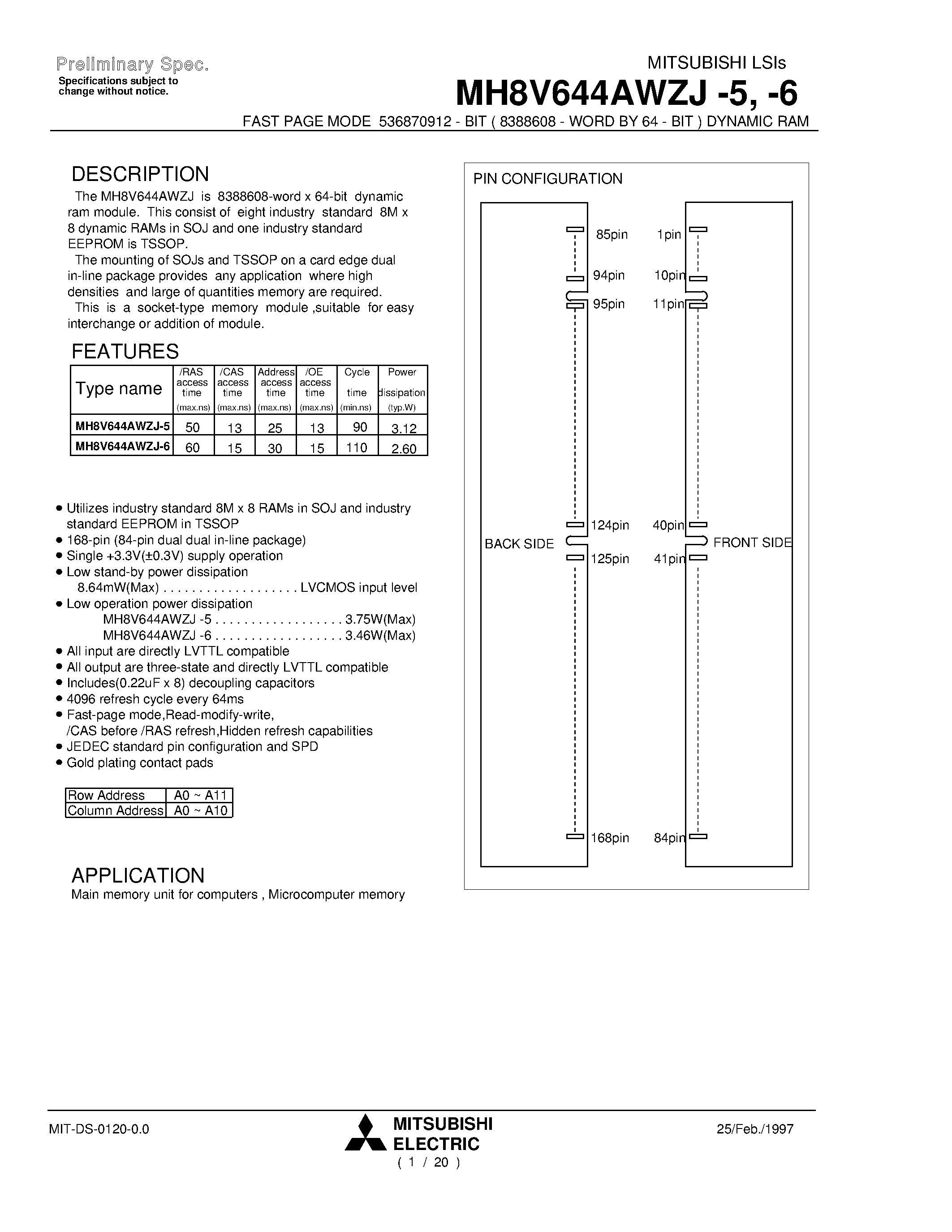 Даташит MH8V644AWZJ-6 - FAST PAGE MODE 536870912 - BIT ( 8388608 - WORD BY 64 - BIT ) DYNAMIC RAM страница 1