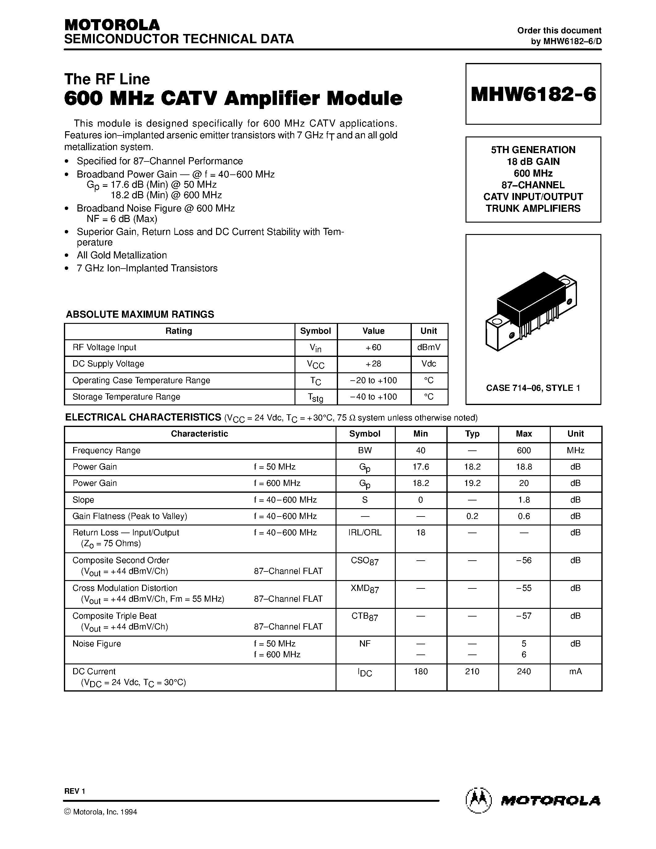 Даташит MHW6182-6 - 600 MHz CATV Amplifier Module страница 1