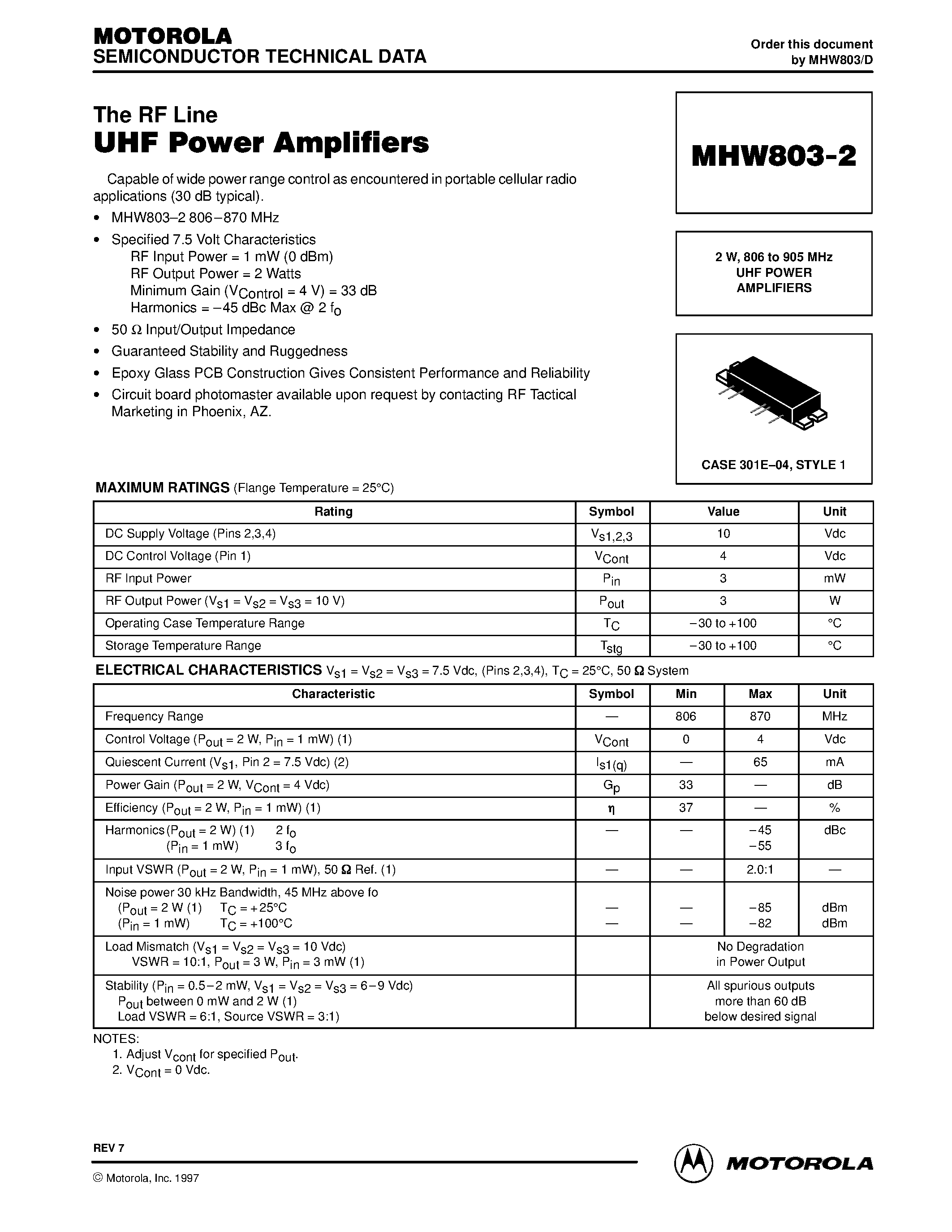 Даташит MHW803 - 2 W / 806 to 905 MHz UHF POWER AMPLIFIERS страница 1