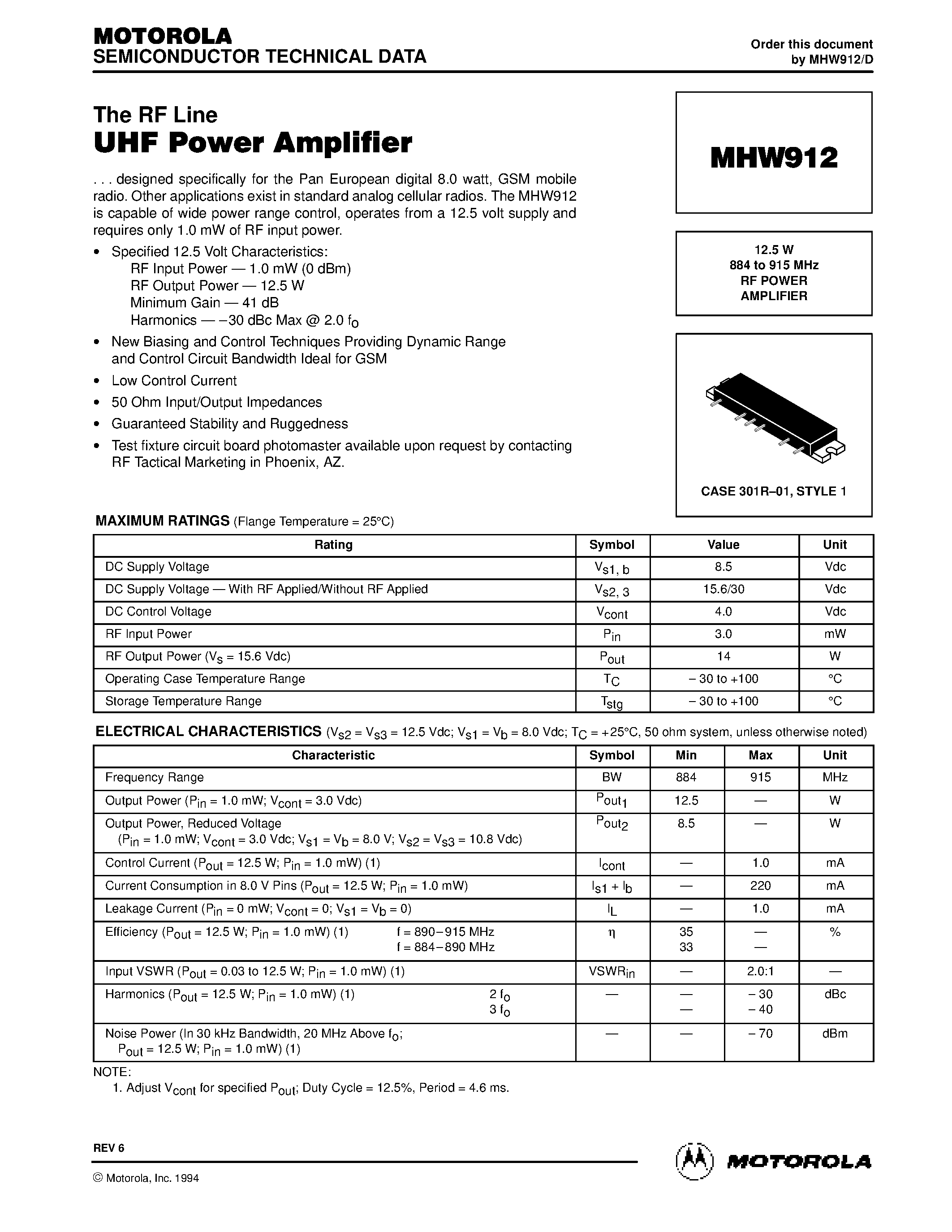 Даташит MHW912 - 12.5 W 884 to 915 MHz RF POWER AMPLIFIER страница 1