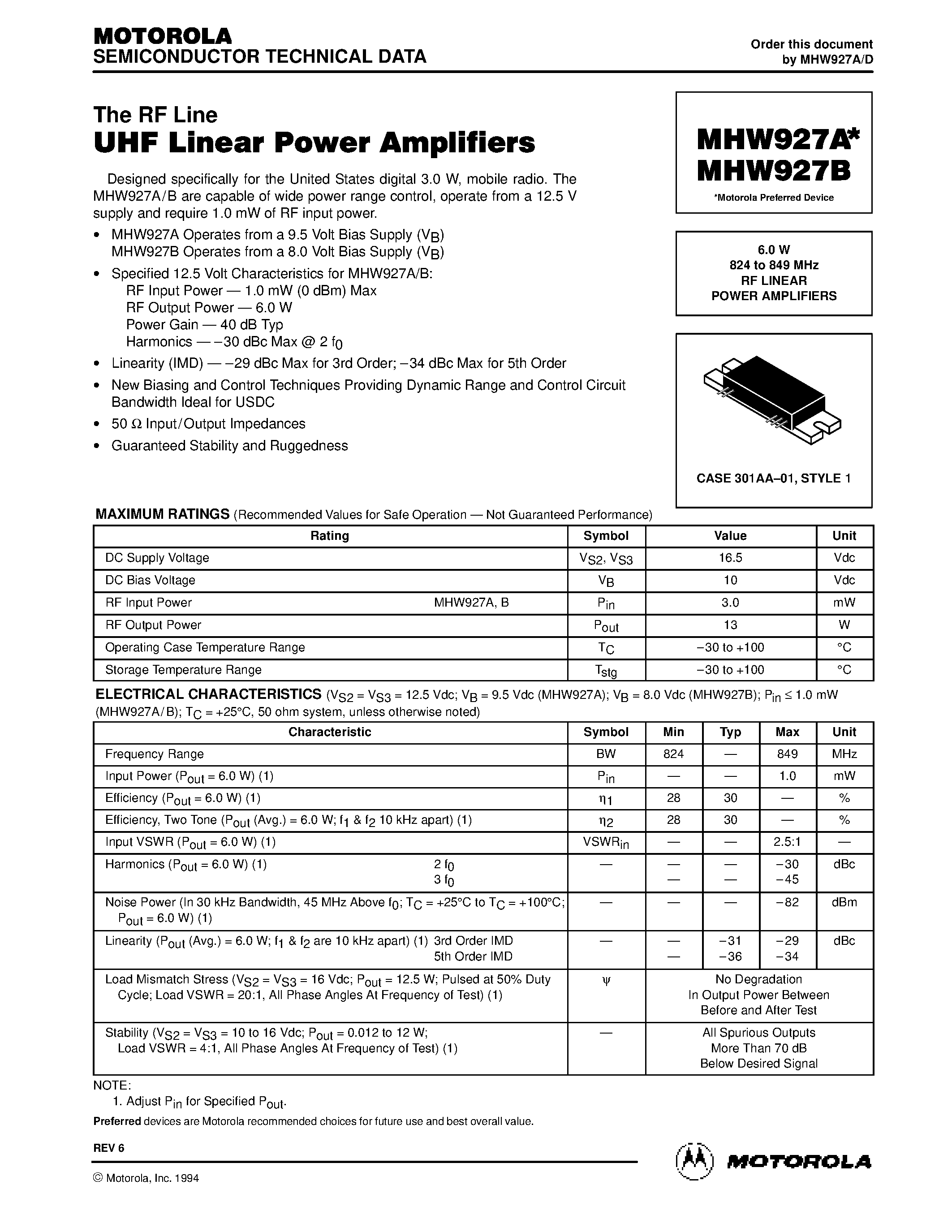 Даташит MHW927A - 6.0 W 824 to 849 MHz RF LINEAR POWER AMPLIFIERS страница 1