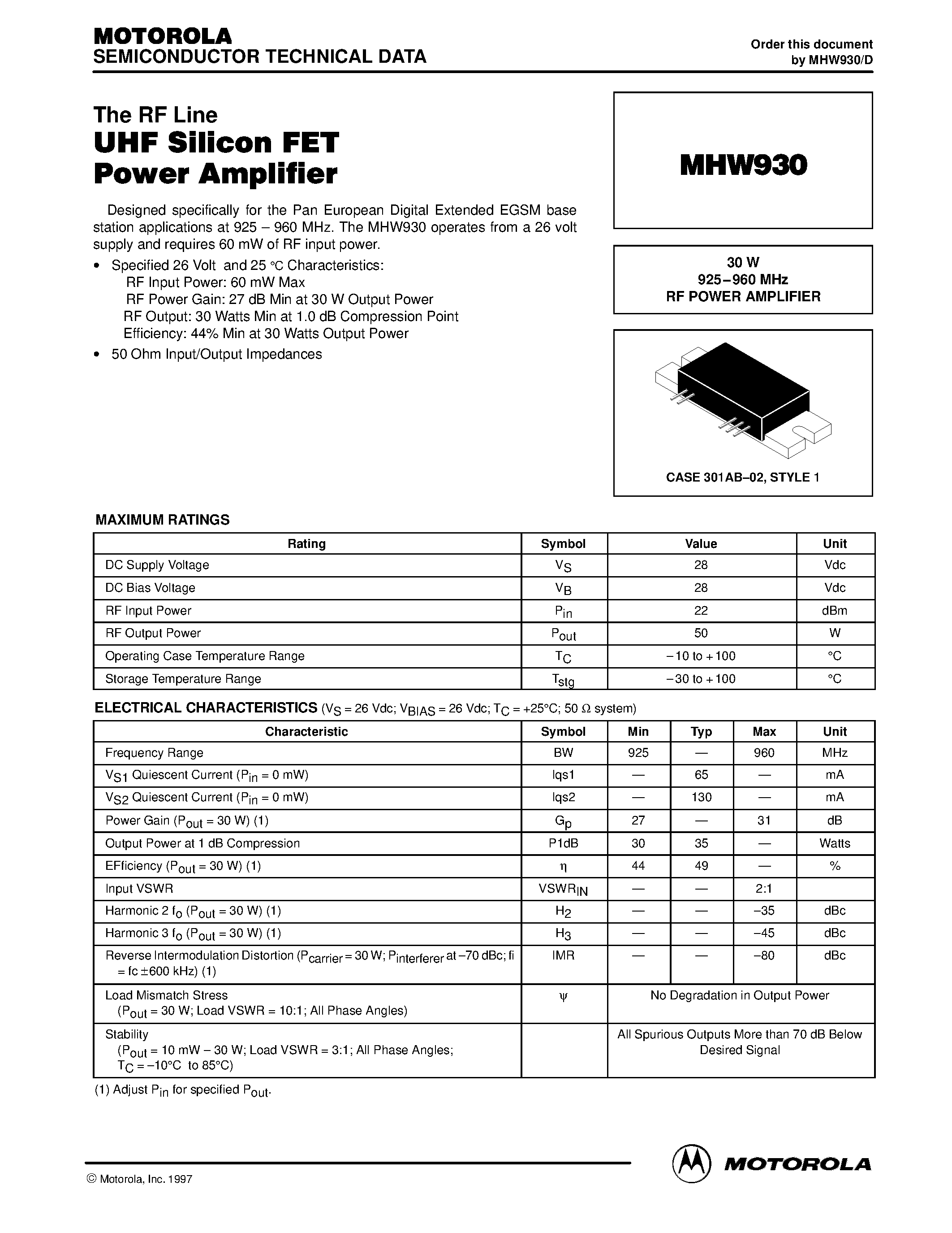 Даташит MHW930 - 30 W 925.960 MHz RF POWER AMPLIFIER страница 1