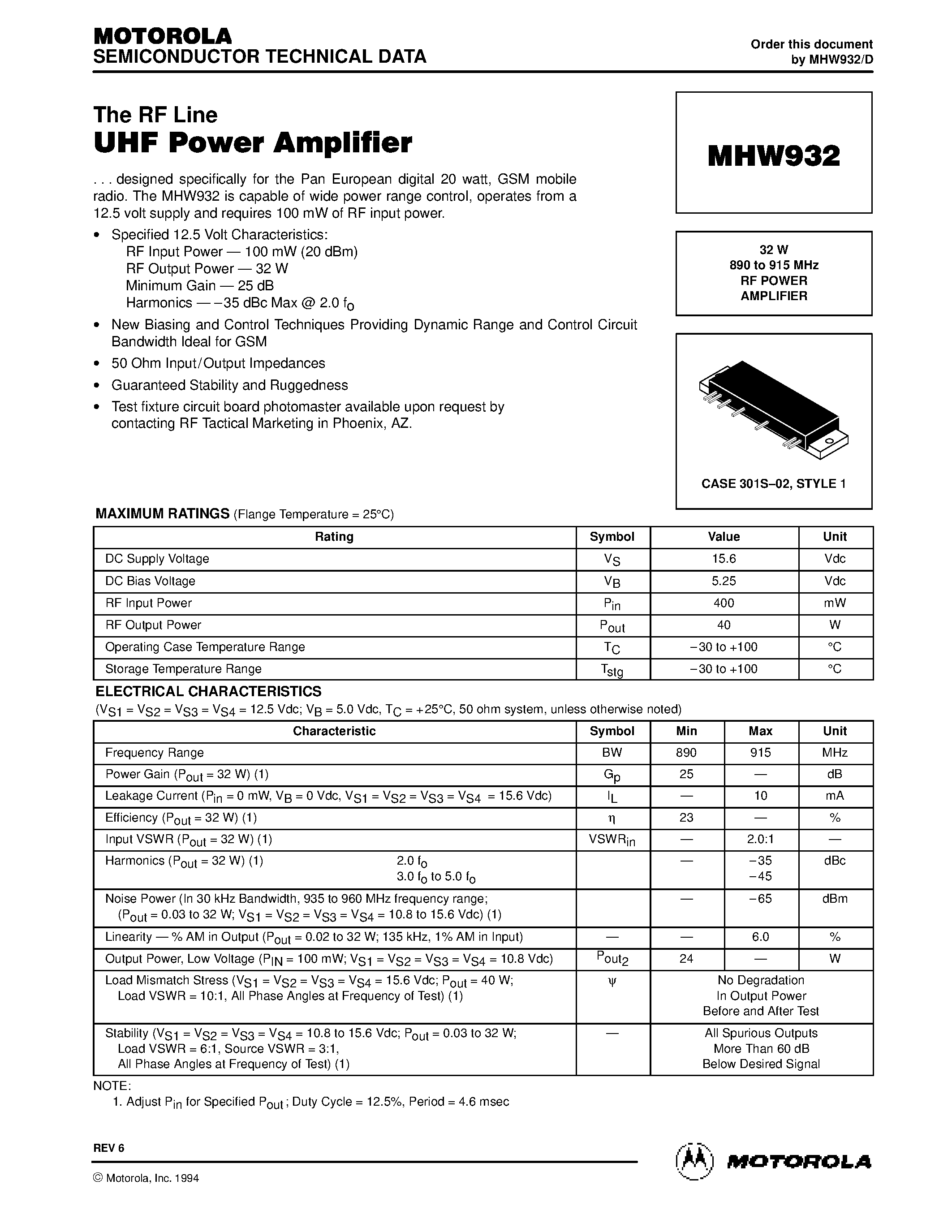 Даташит MHW932 - 32 W 890 to 915 MHz RF POWER AMPLIFIER страница 1