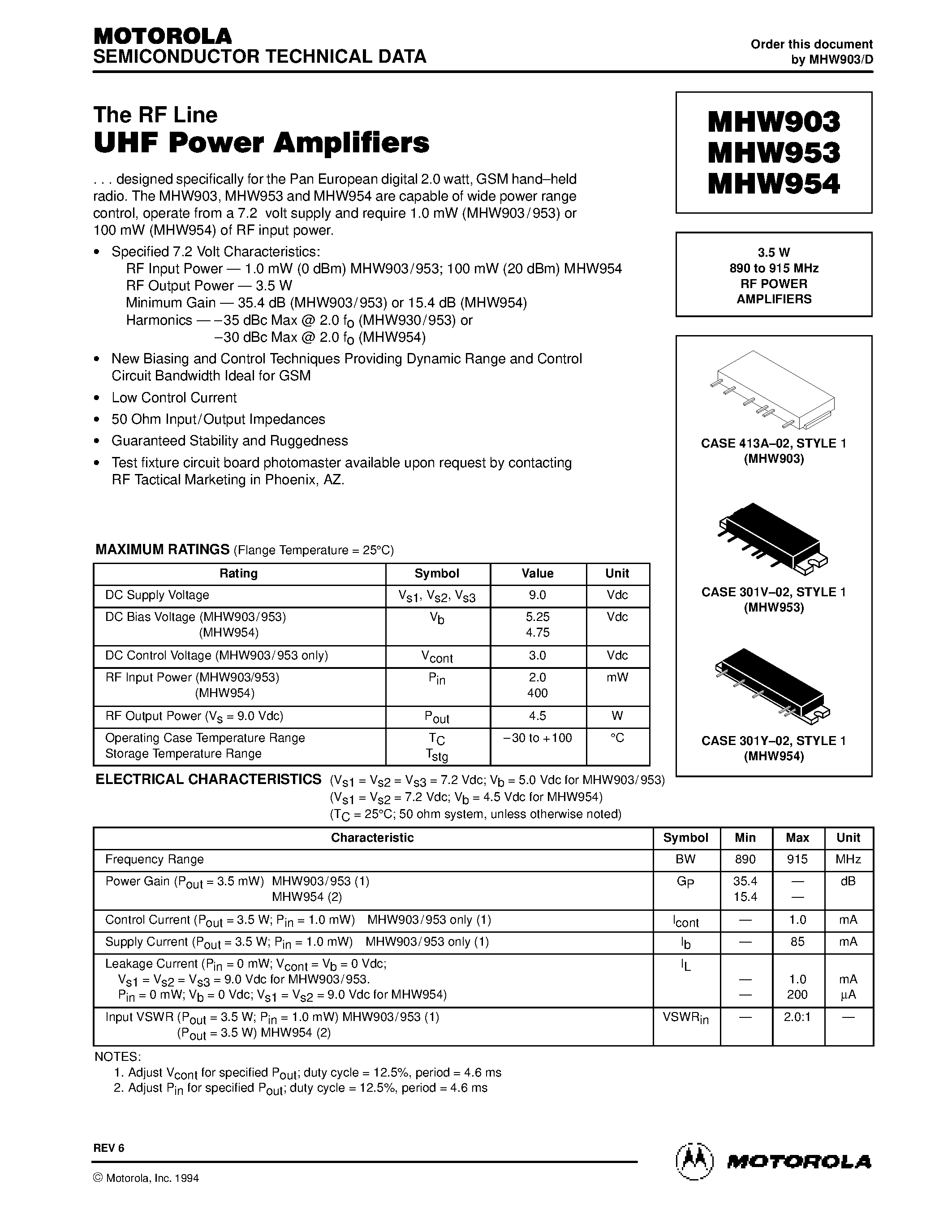 Даташит MHW954 - 3.5 W 890 to 915 MHz RF POWER AMPLIFIERS страница 1