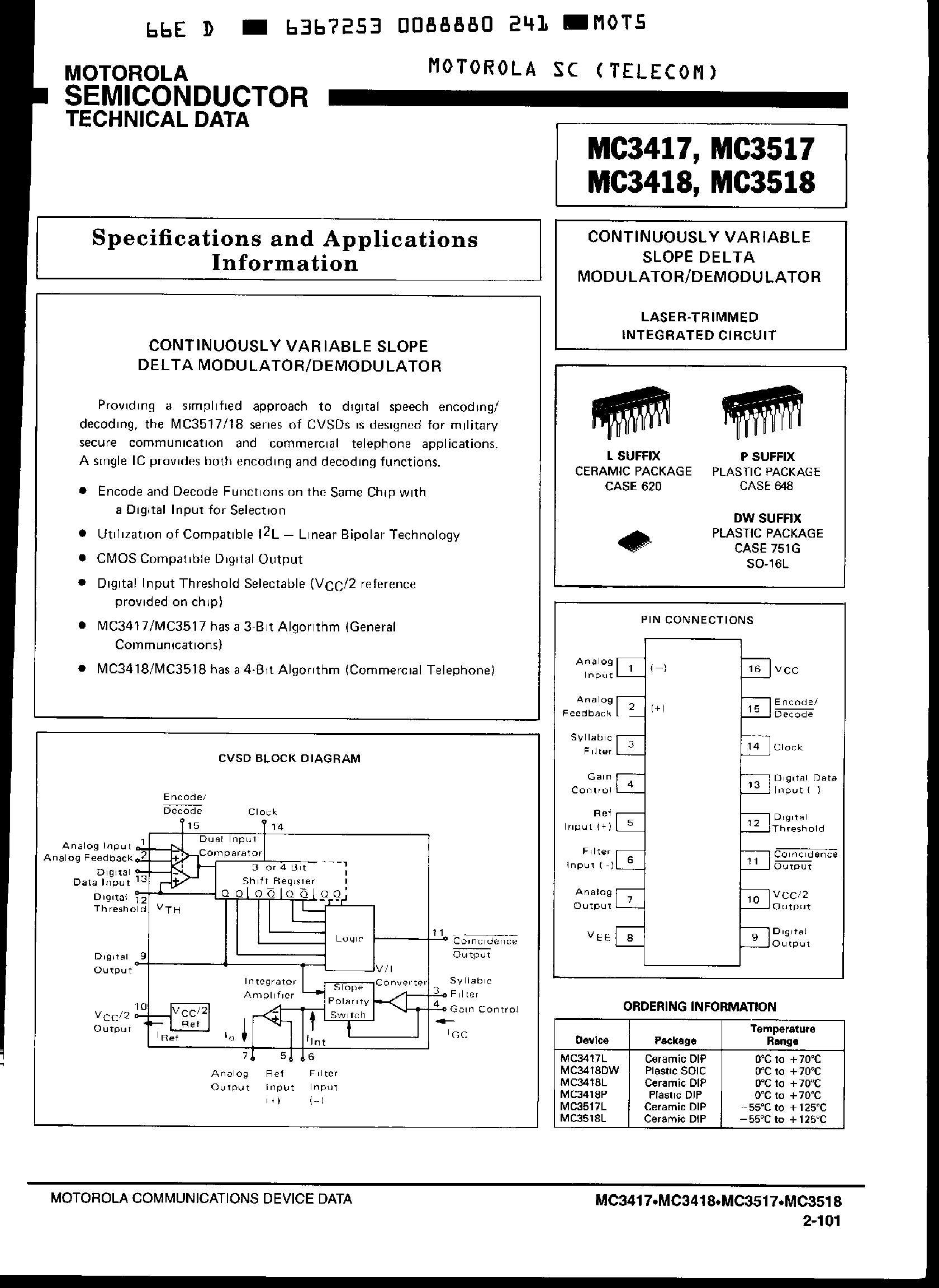 Даташит MC3418 - Continuously Variable Slope Delta Modulator страница 1