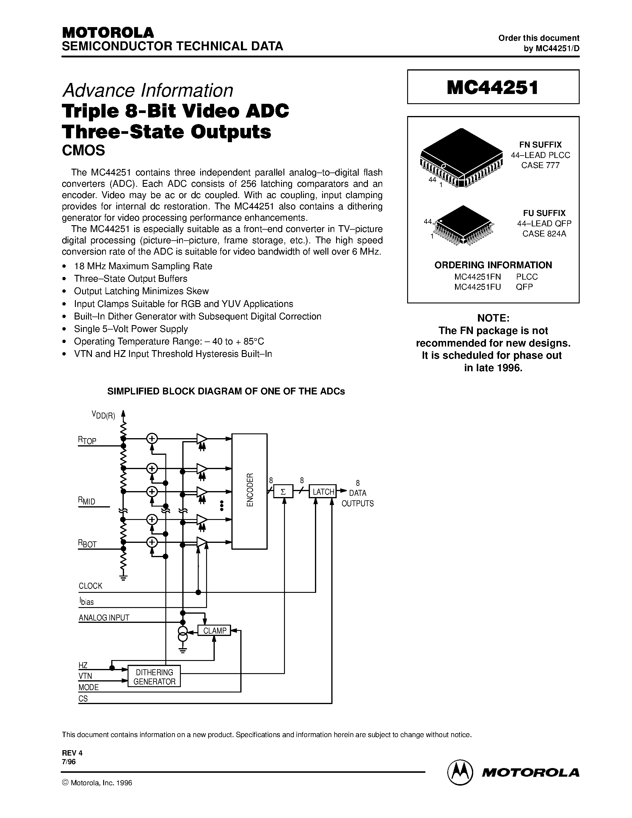 Даташит MC44251 - Triple 8-Bit Video ADC Three-State Outputs страница 1