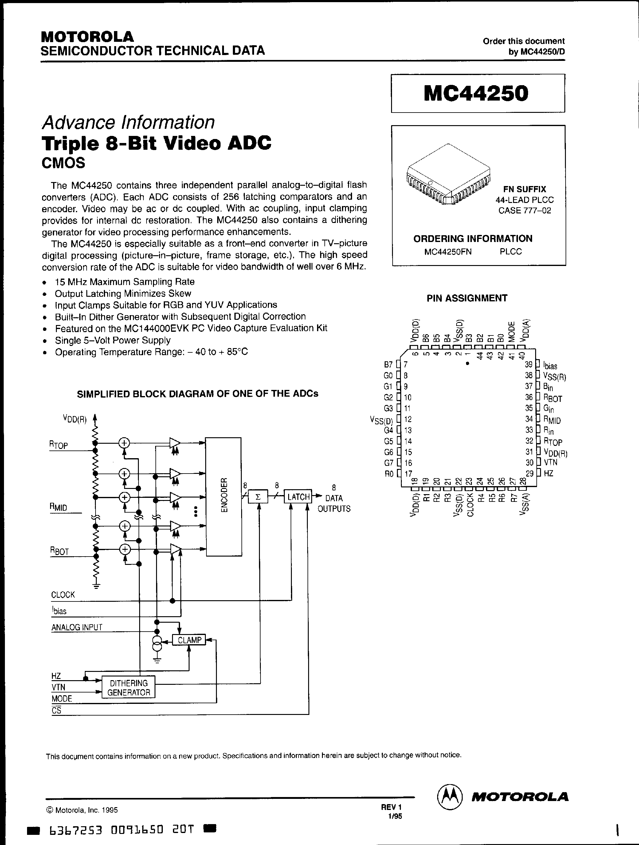 Даташит MC44250 - Triple 8-Bit Video ADC CMOS страница 1