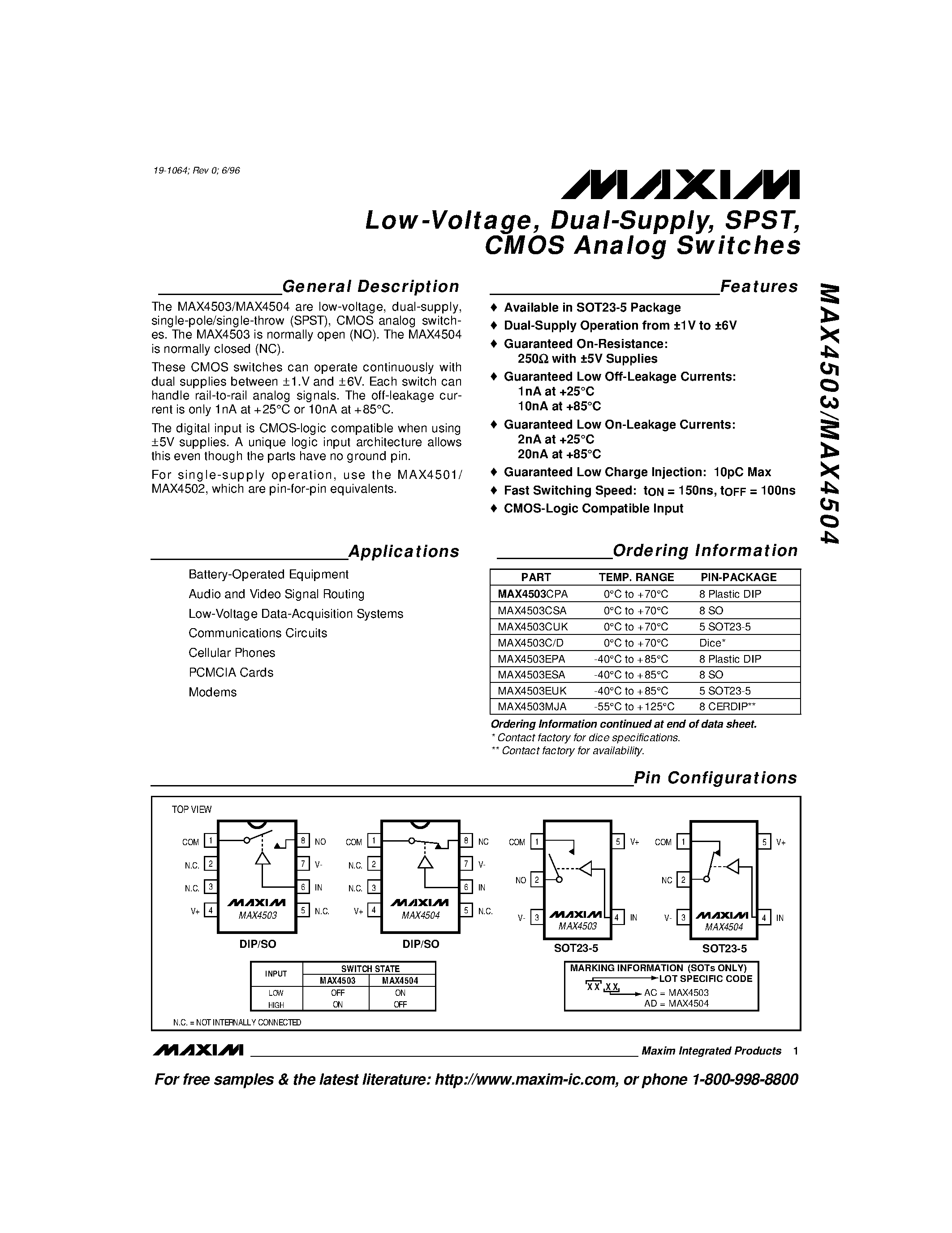 Datasheet MAX4504C/D - Low-Voltage / Dual-Supply / SPST / CMOS Analog Switches page 1