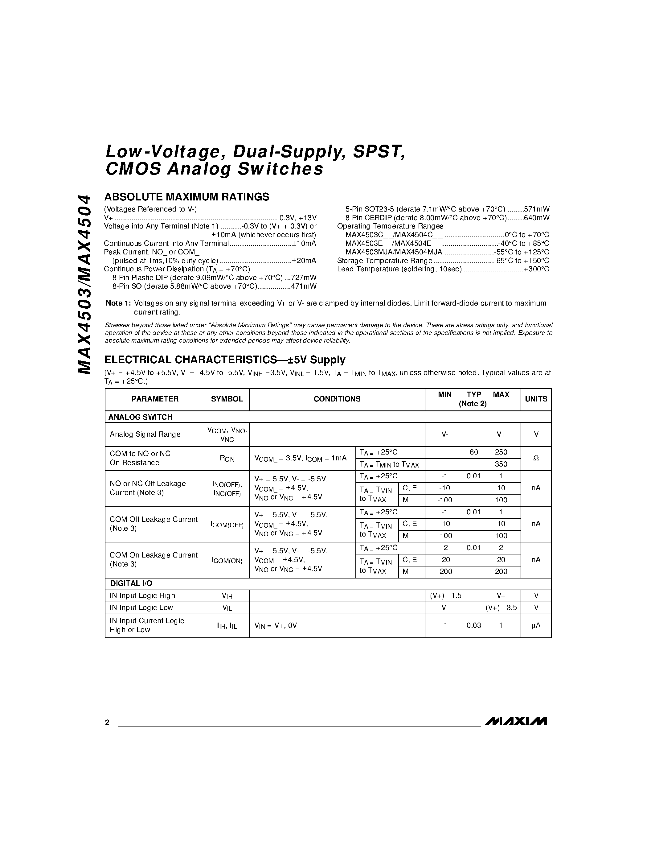 Datasheet MAX4504C/D - Low-Voltage / Dual-Supply / SPST / CMOS Analog Switches page 2