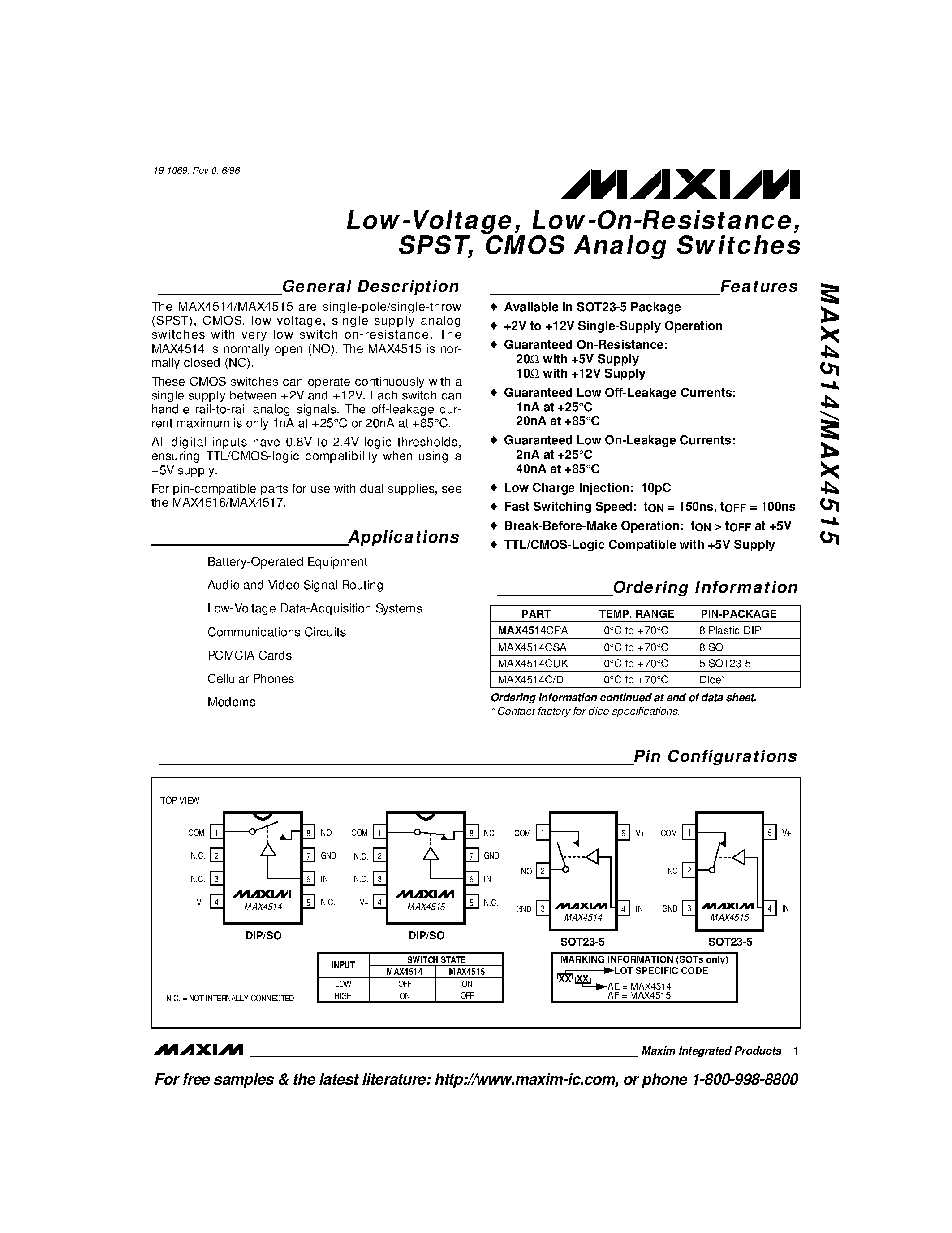 Datasheet MAX4514 - Low-Voltage / Low-On-Resistance / SPST / CMOS Analog Switches page 1