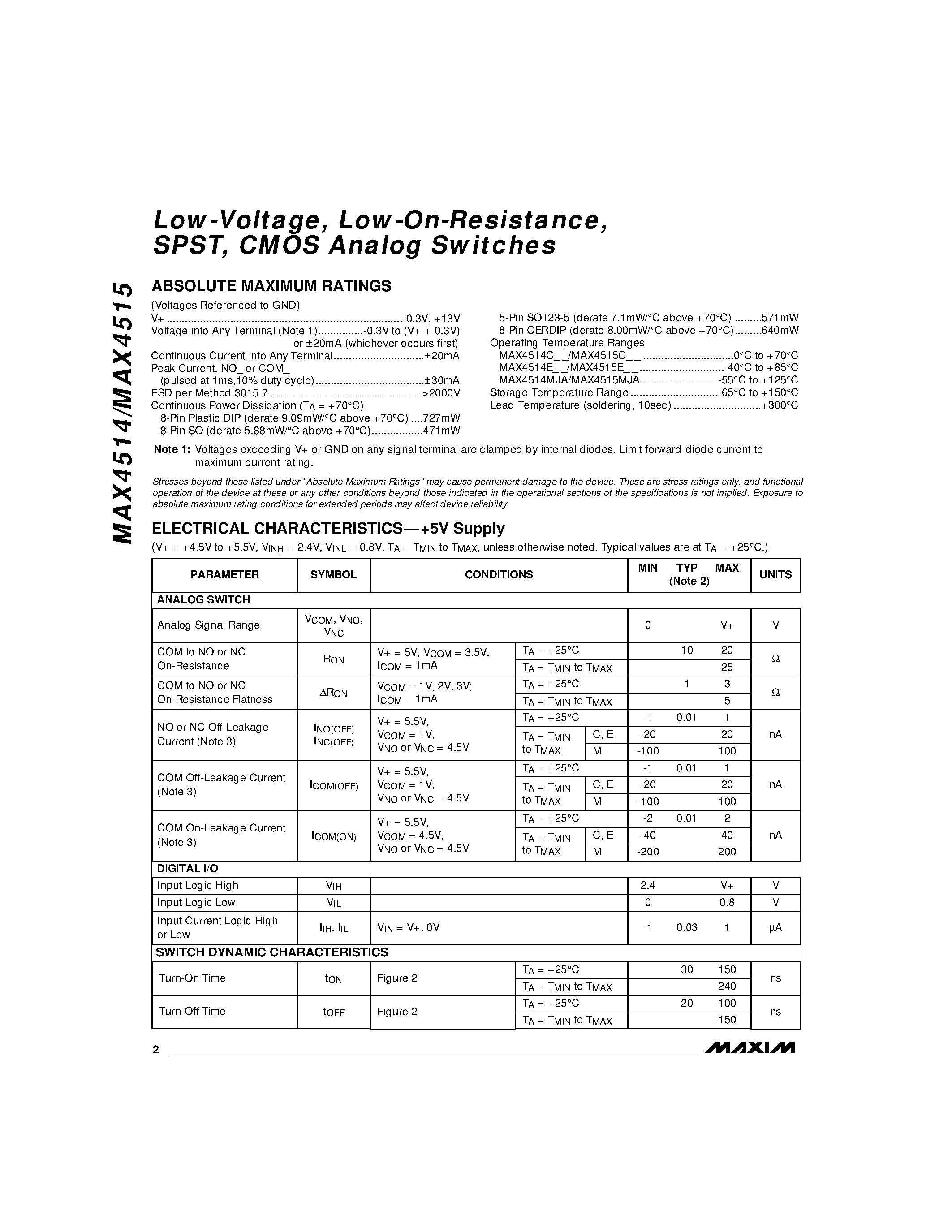 Datasheet MAX4514 - Low-Voltage / Low-On-Resistance / SPST / CMOS Analog Switches page 2