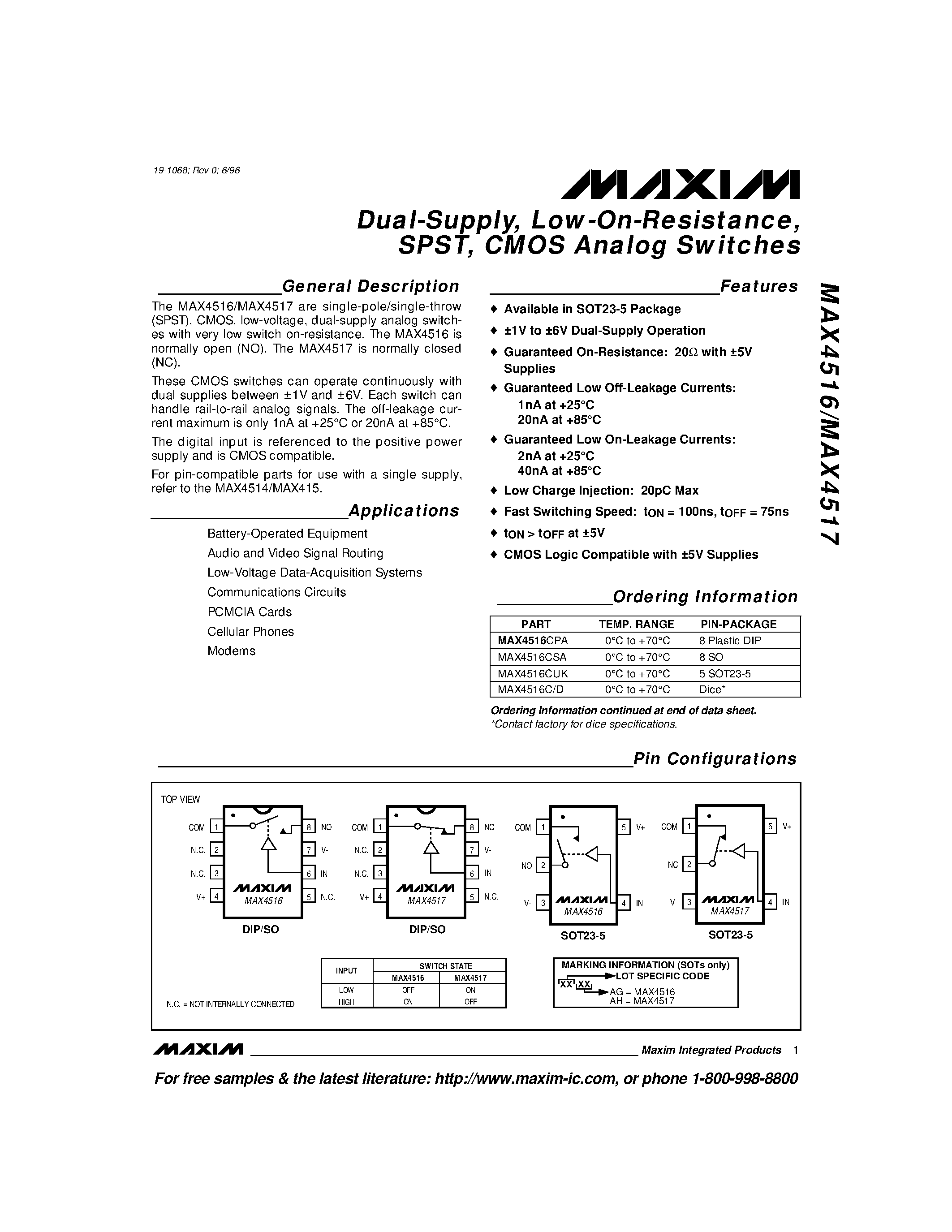 Datasheet MAX4516 - Dual-Supply / Low-On-Resistance / SPST / CMOS Analog Switches page 1