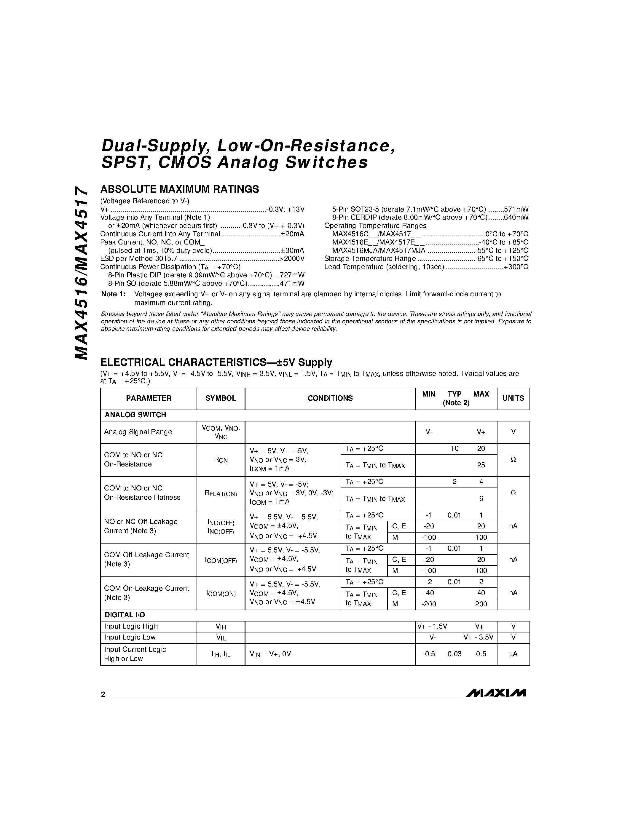 Datasheet MAX4516 - Dual-Supply / Low-On-Resistance / SPST / CMOS Analog Switches page 2