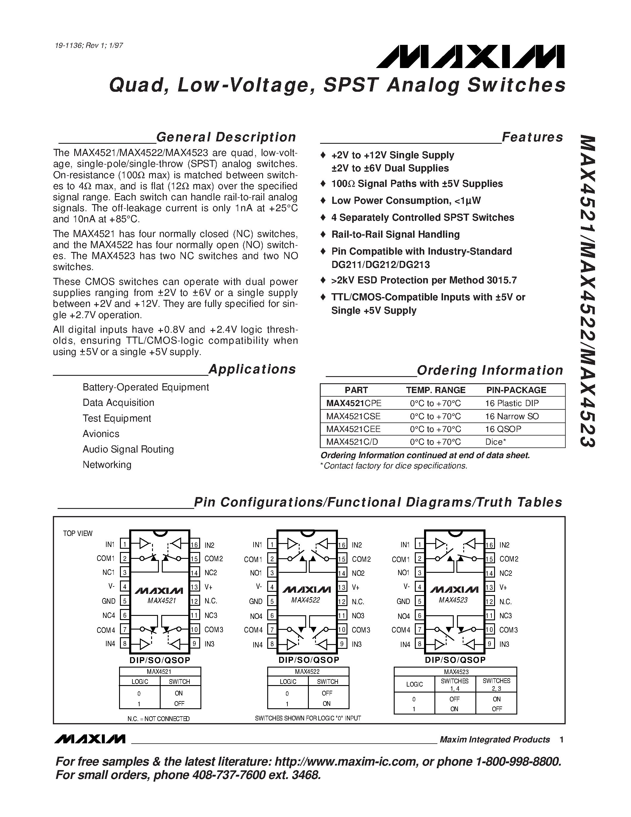 Datasheet MAX4521C/D - Quad / Low-Voltage / SPST Analog Switches page 1