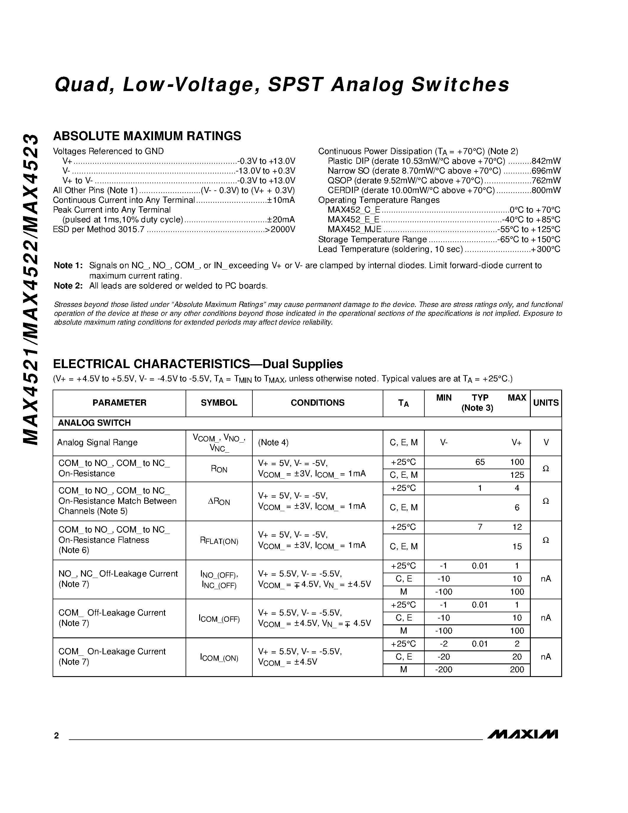 Datasheet MAX4521C/D - Quad / Low-Voltage / SPST Analog Switches page 2