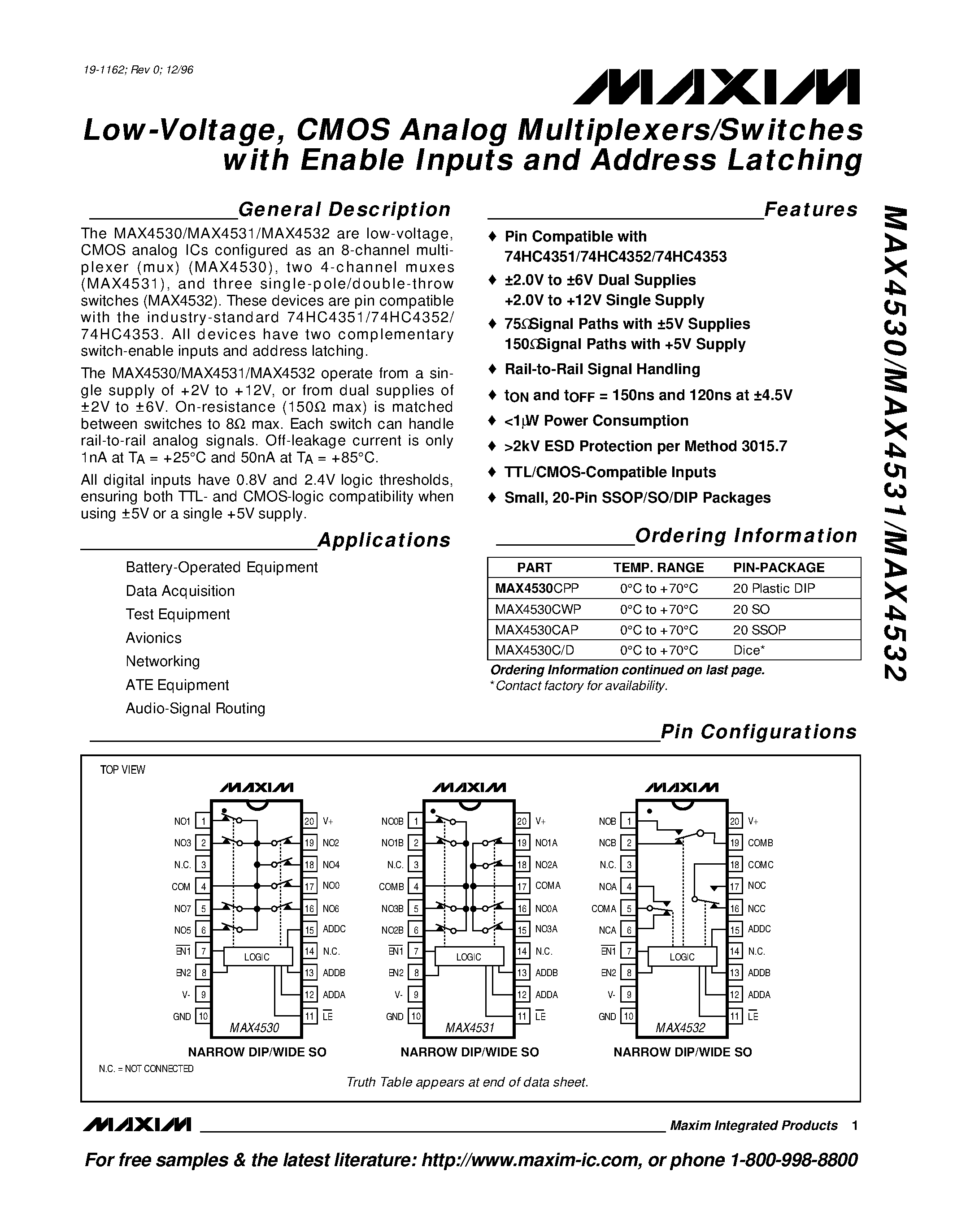 Datasheet MAX4532C/D - Low-Voltage / CMOS Analog Multiplexers/Switches with Enable Inputs and Address Latching page 1