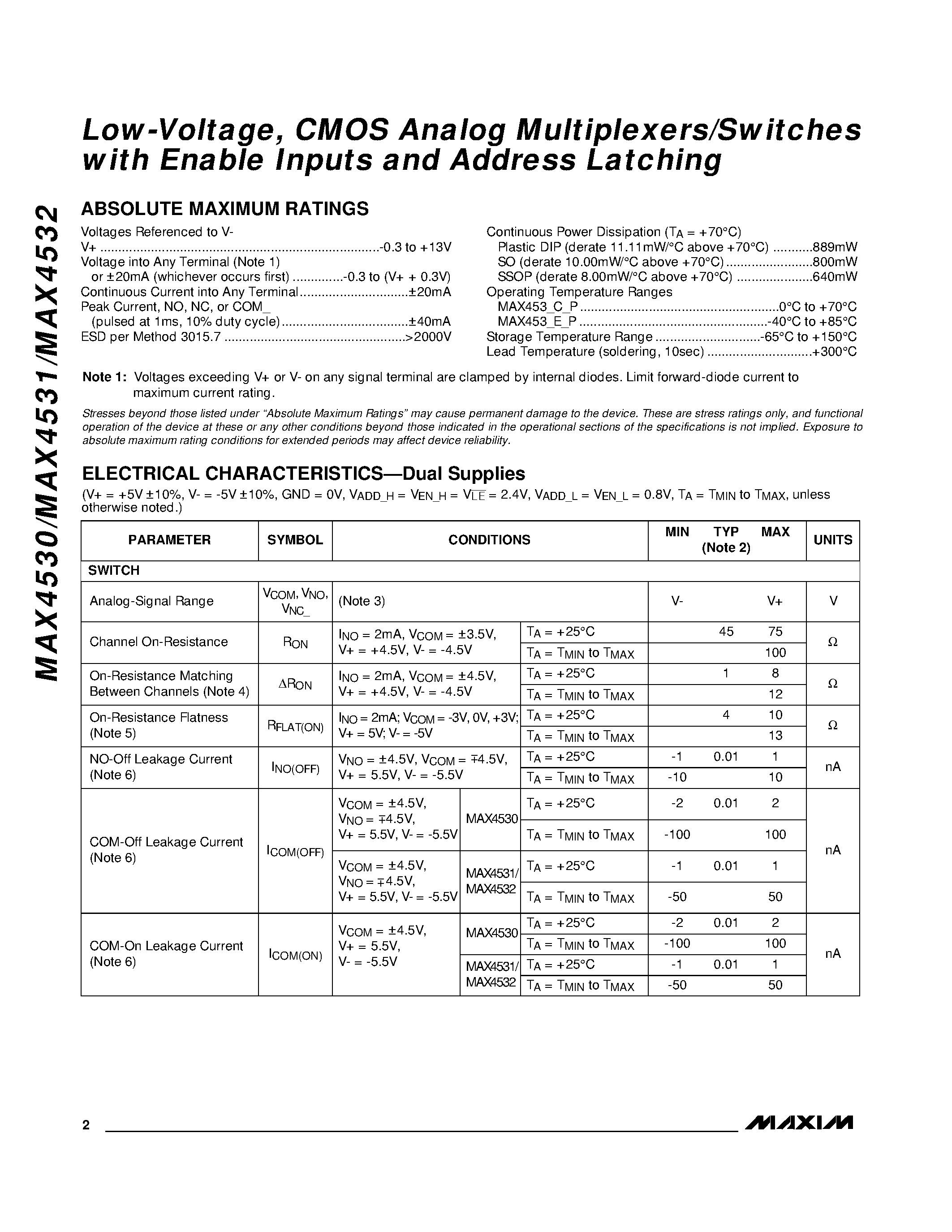 Datasheet MAX4532C/D - Low-Voltage / CMOS Analog Multiplexers/Switches with Enable Inputs and Address Latching page 2