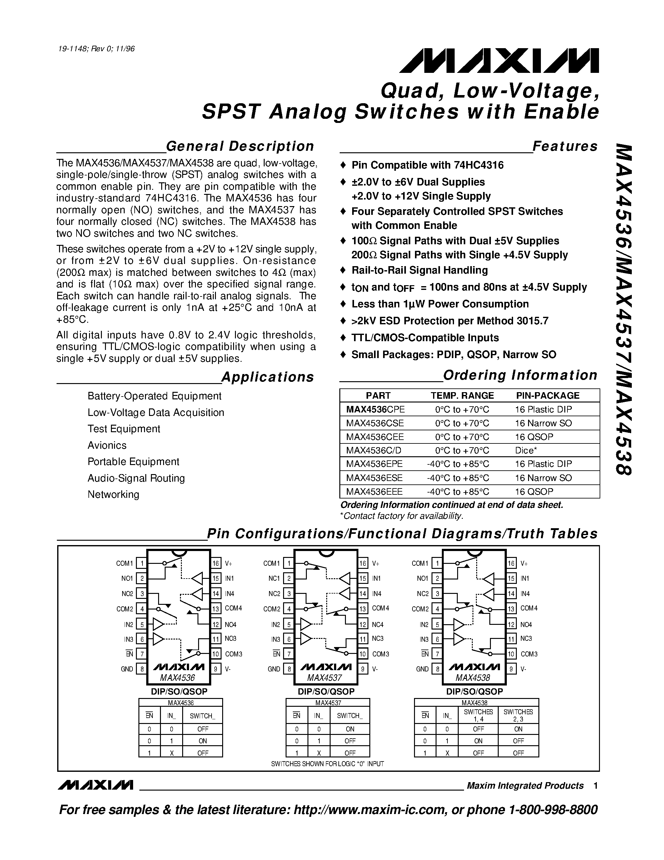 Datasheet MAX4536C/D - Quad / Low-Voltage / SPST Analog Switches with Enable page 1