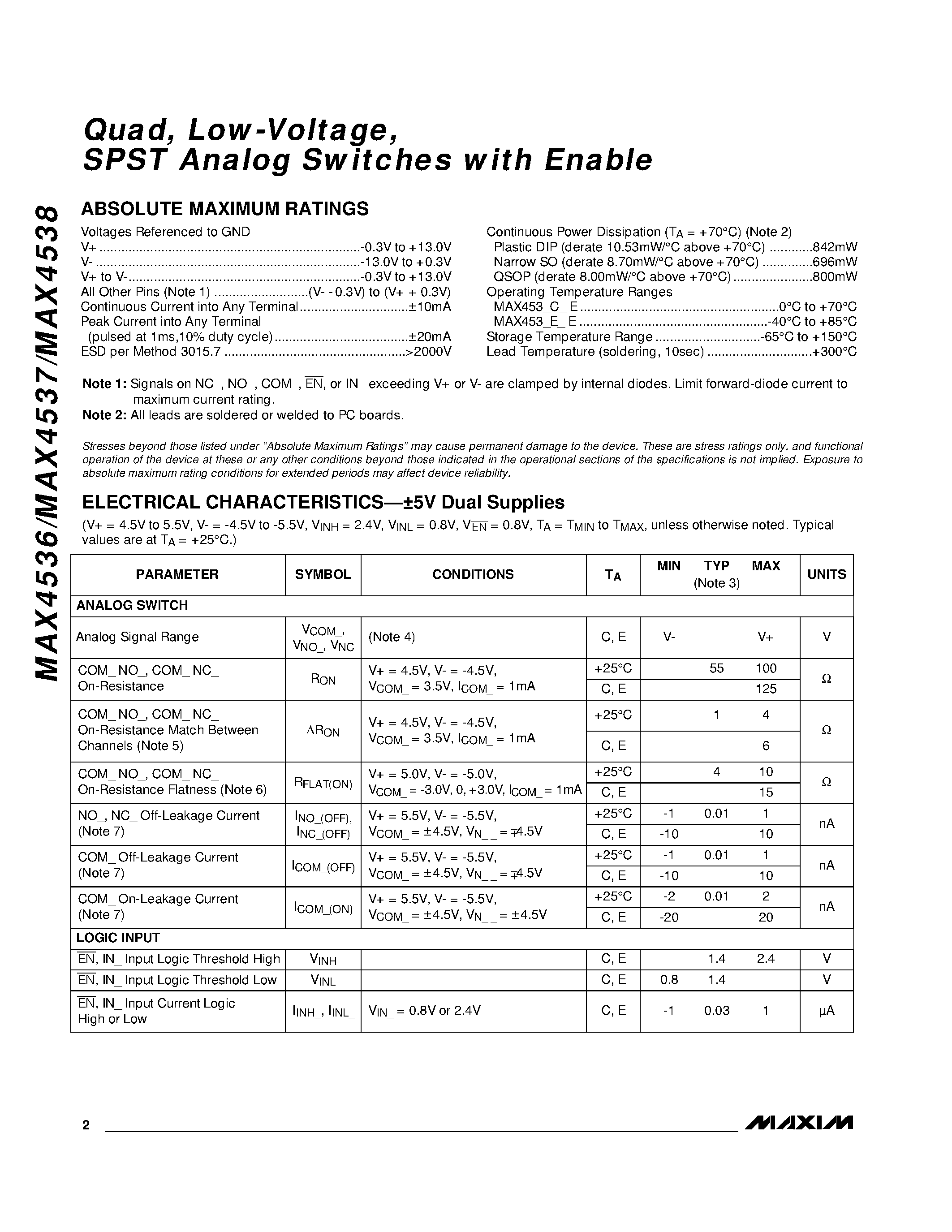 Datasheet MAX4536C/D - Quad / Low-Voltage / SPST Analog Switches with Enable page 2