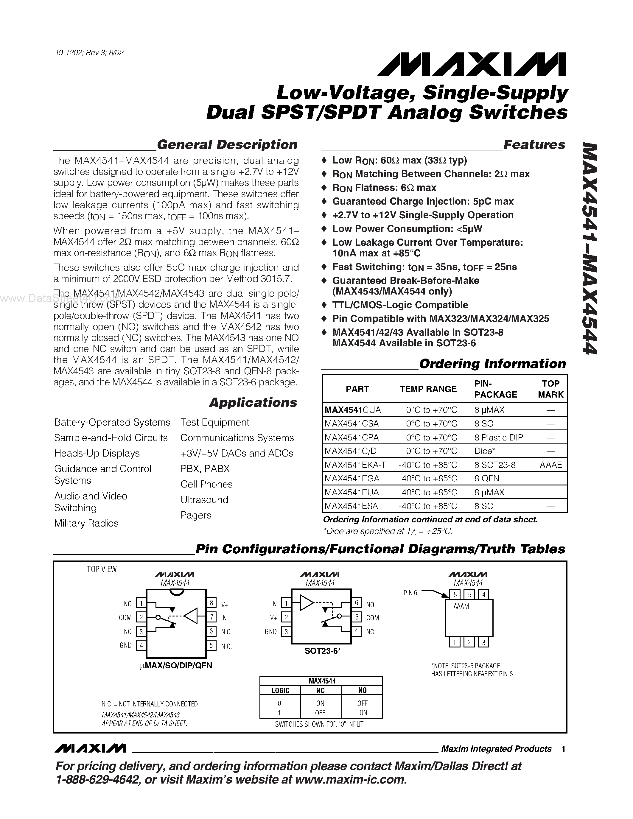 Datasheet MAX4542C/D - Low-Voltage / Single-Supply Dual SPST/SPDT Analog Switches page 1