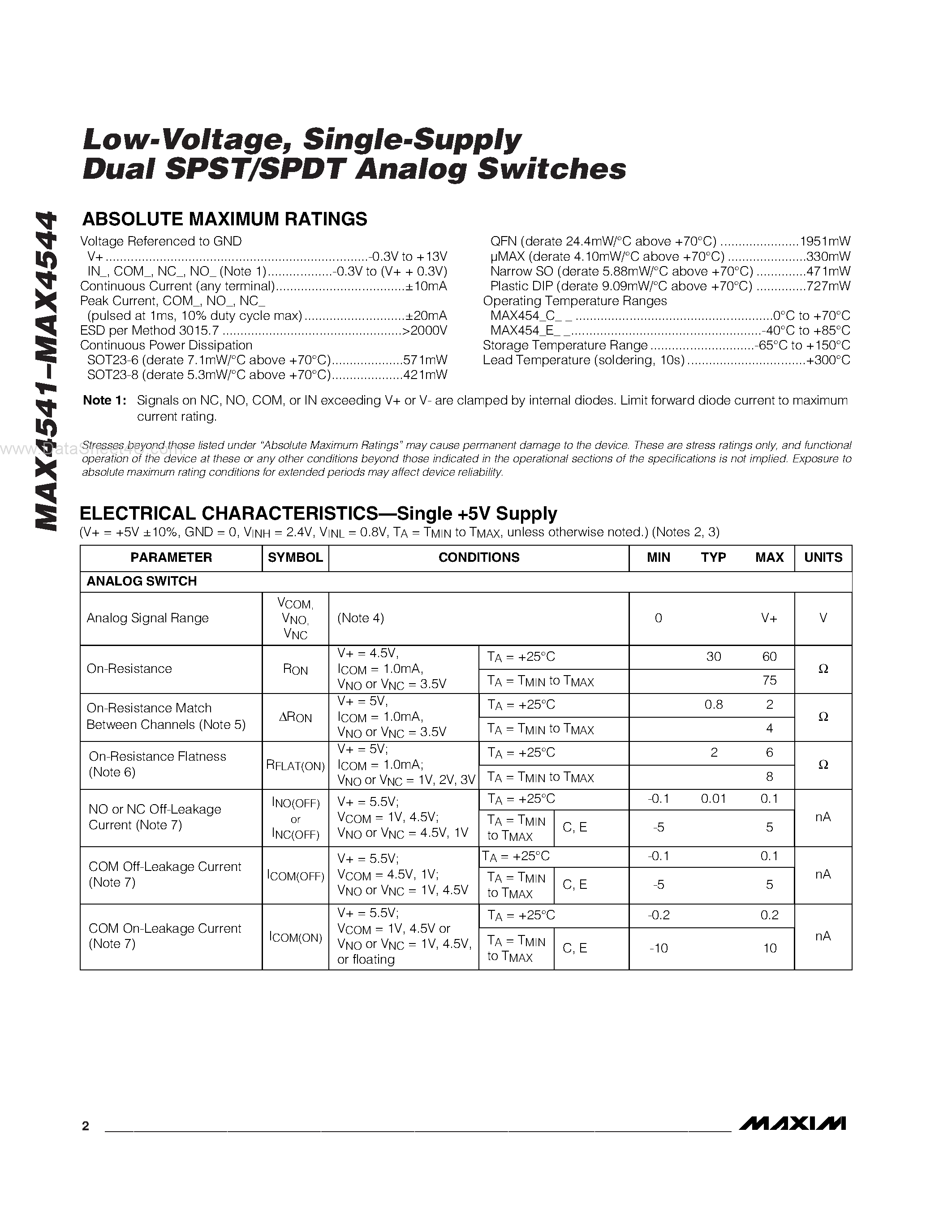 Datasheet MAX4542C/D - Low-Voltage / Single-Supply Dual SPST/SPDT Analog Switches page 2