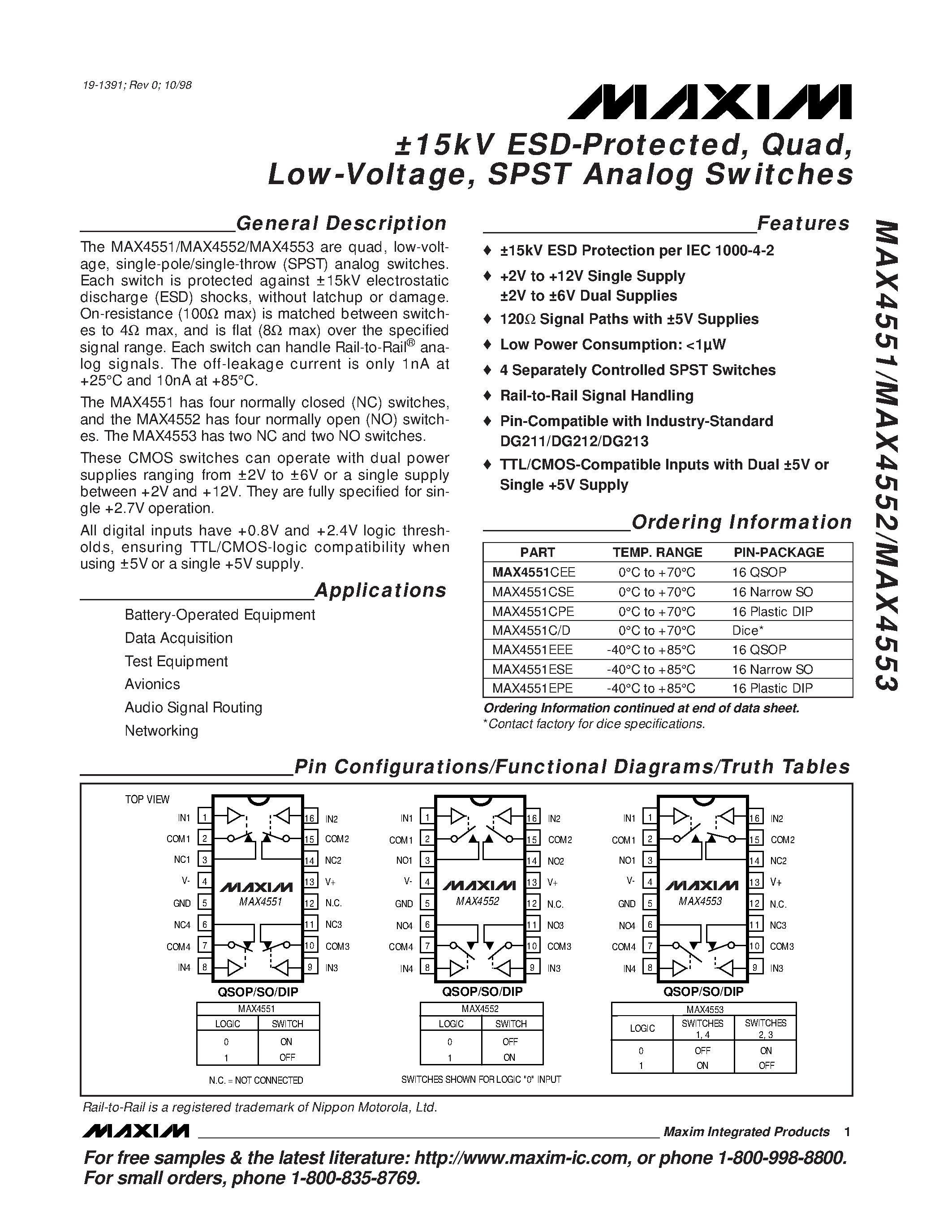 Datasheet MAX4551C/D - 15kV ESD-Protected / Quad / Low-Voltage / SPST Analog Switches page 1