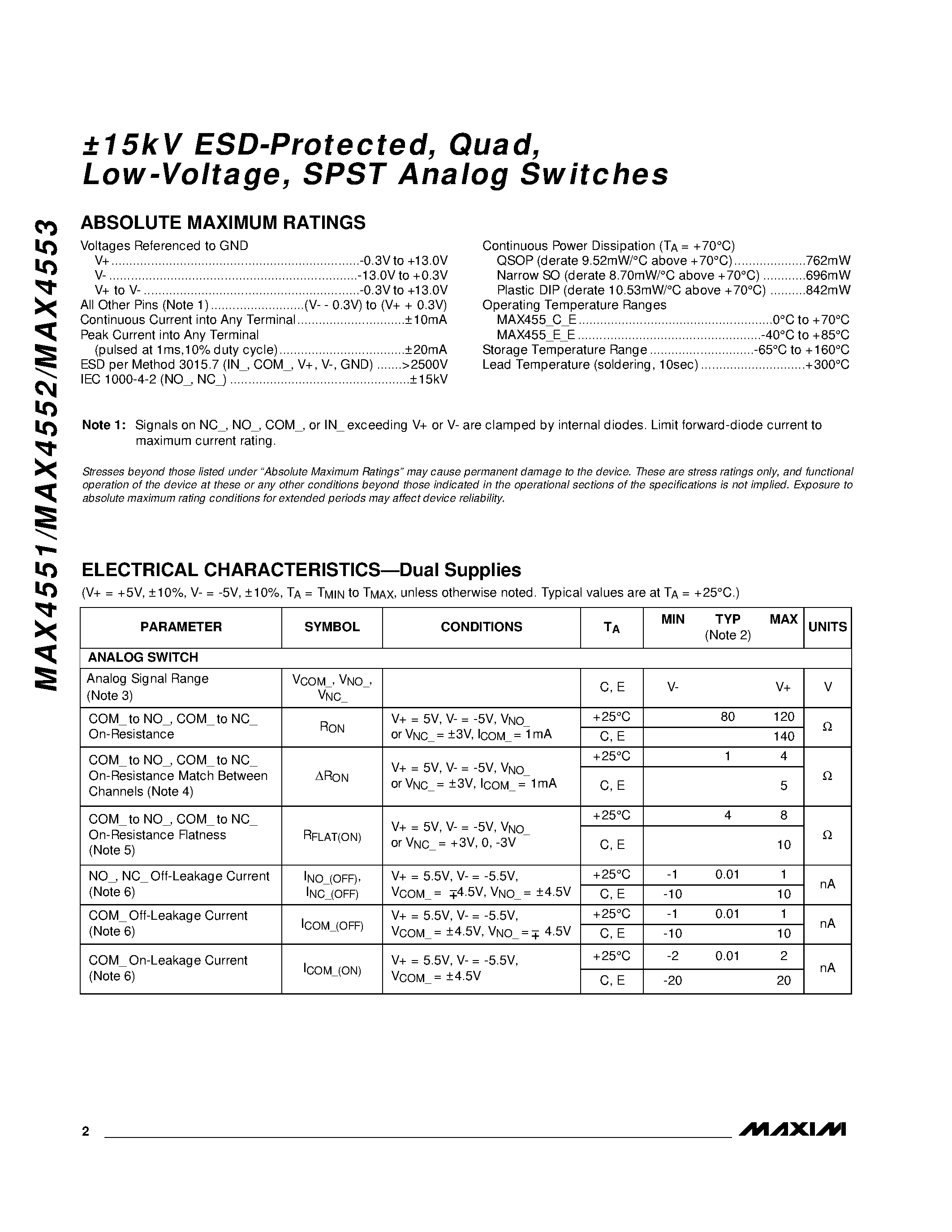 Datasheet MAX4551C/D - 15kV ESD-Protected / Quad / Low-Voltage / SPST Analog Switches page 2