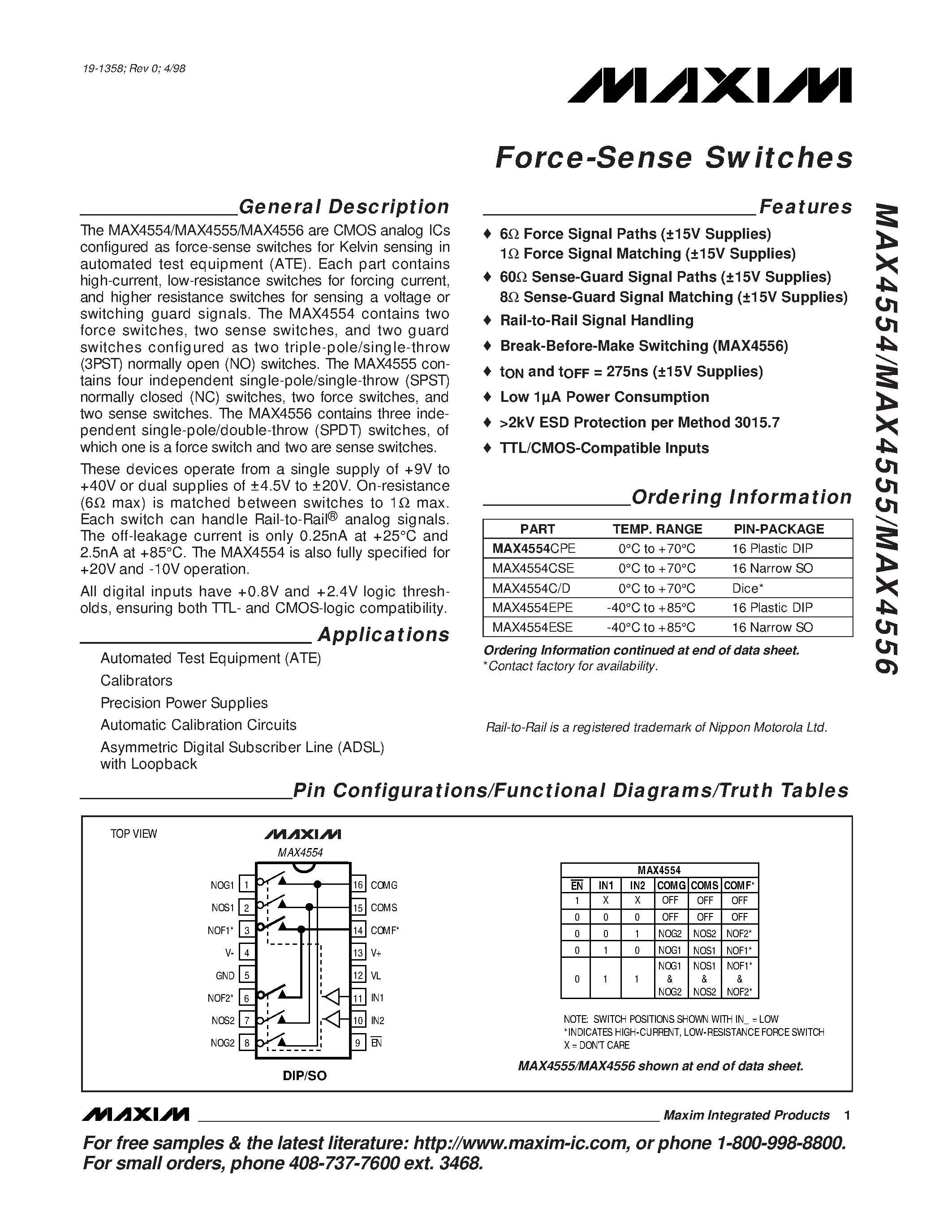 Datasheet MAX4555C/D - Force-Sense Switches page 1